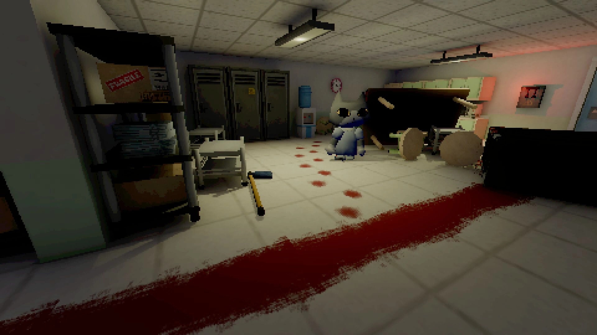 Darkbound: Cat character in hospital corridor with blood trail leading to overturned furniture and lockers