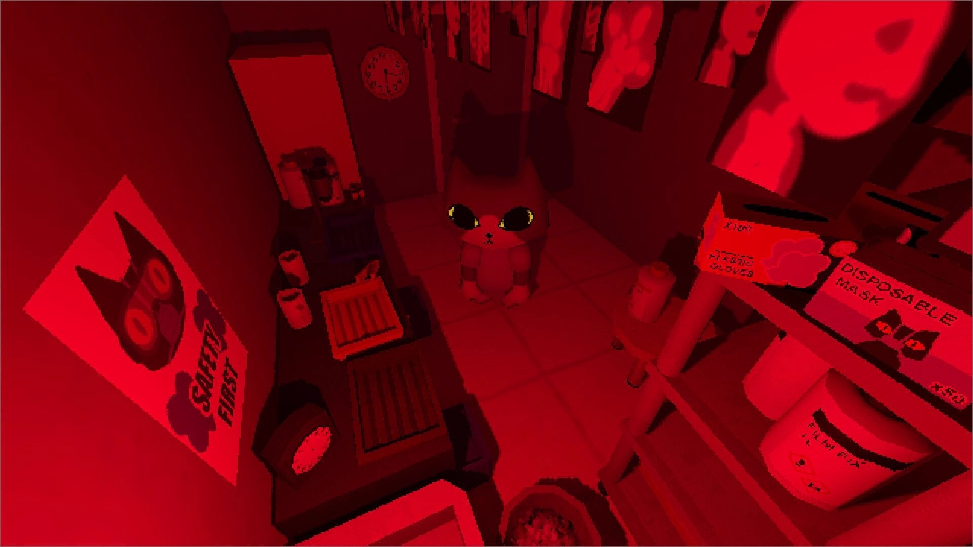 Darkbound: Cat character stands in eerie red-lit hospital room with medical supplies on shelves