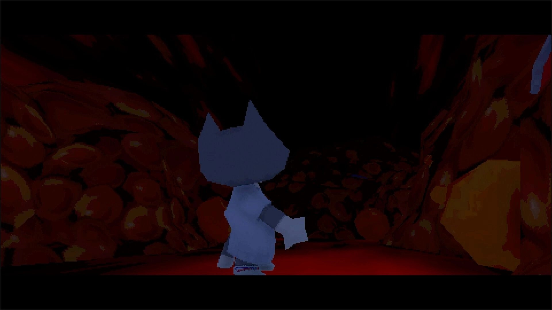 Darkbound: Cat character exploring a dimly lit tunnel with red rock walls in a dark cave environment