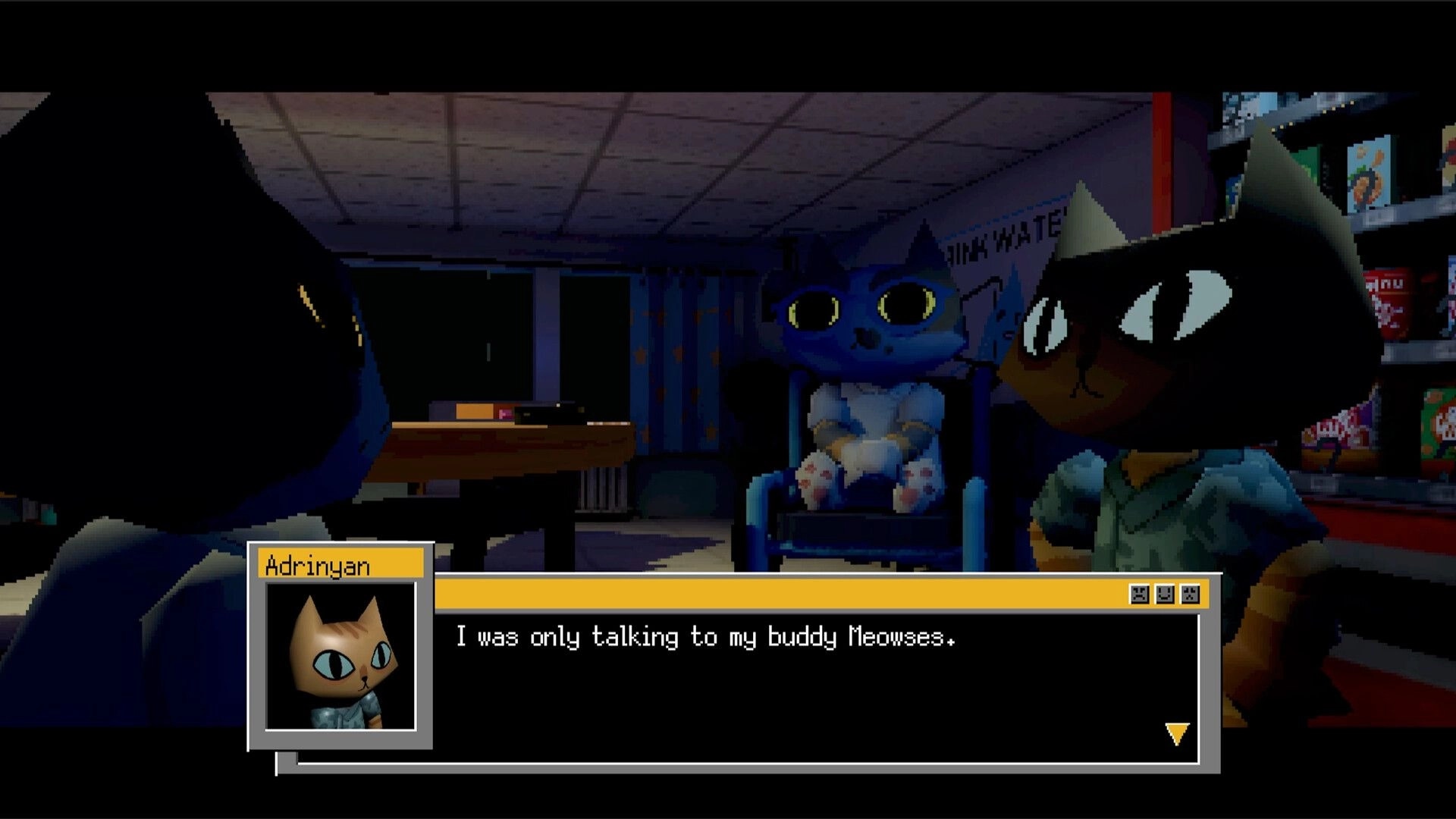 Darkbound: Adrinnyan converses with Meowses in dimly lit hospital room with vending machine nearby.