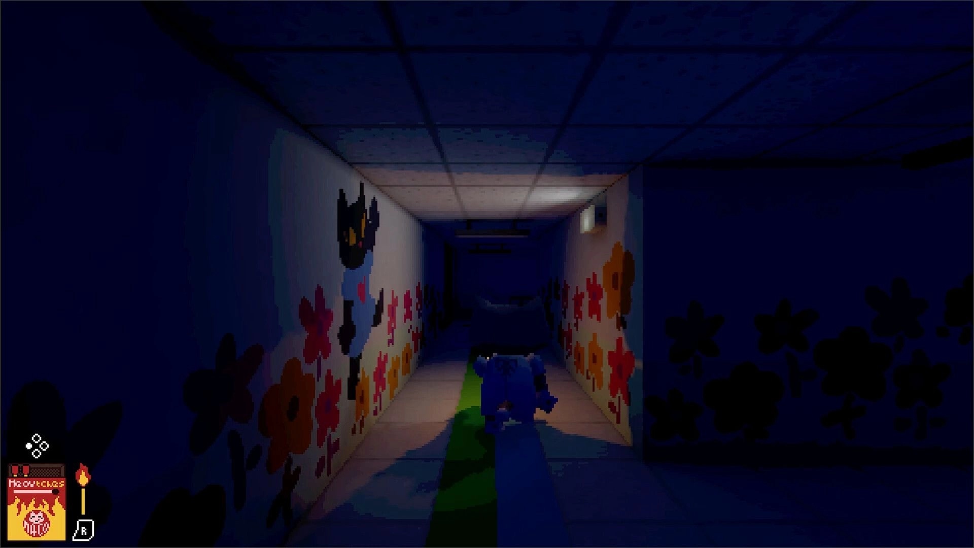 Darkbound: Cat exploring dark hospital hallway with colorful flower murals on walls