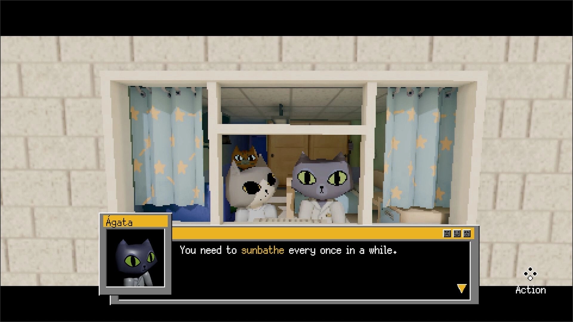 Darkbound: Agata and another cat converse by a hospital window with star-patterned curtains visible.