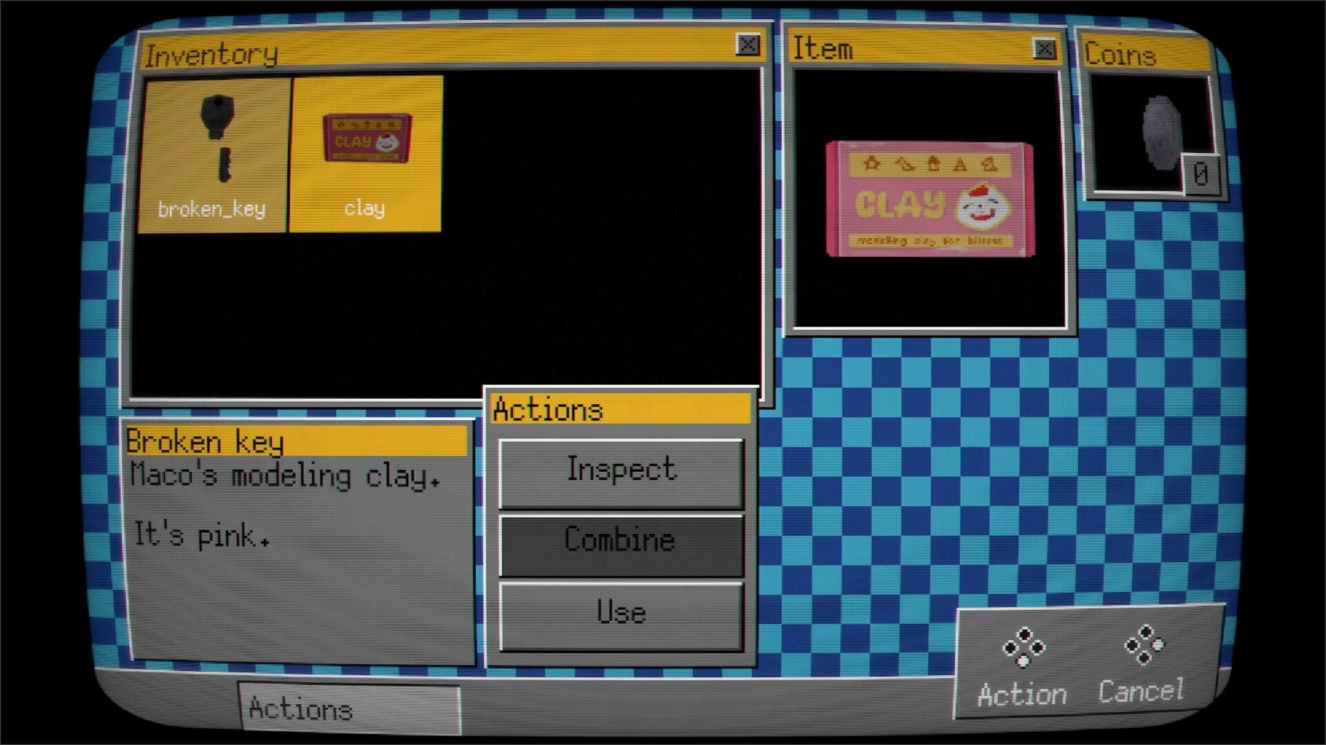 Darkbound: Inventory screen with broken key, clay, and action options in pixelated interface