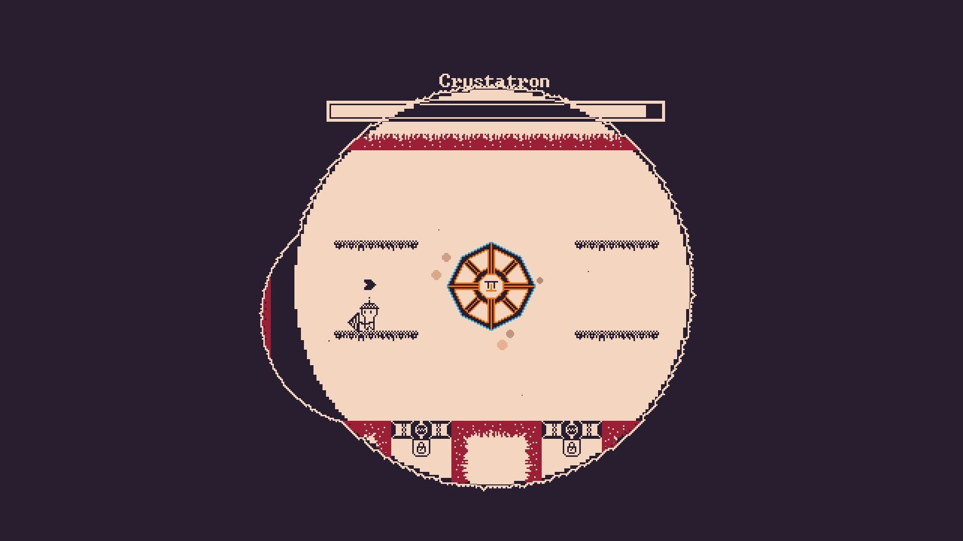 Darkest Mine: Player facing Crustatron boss in a circular arena with health bar at the top.