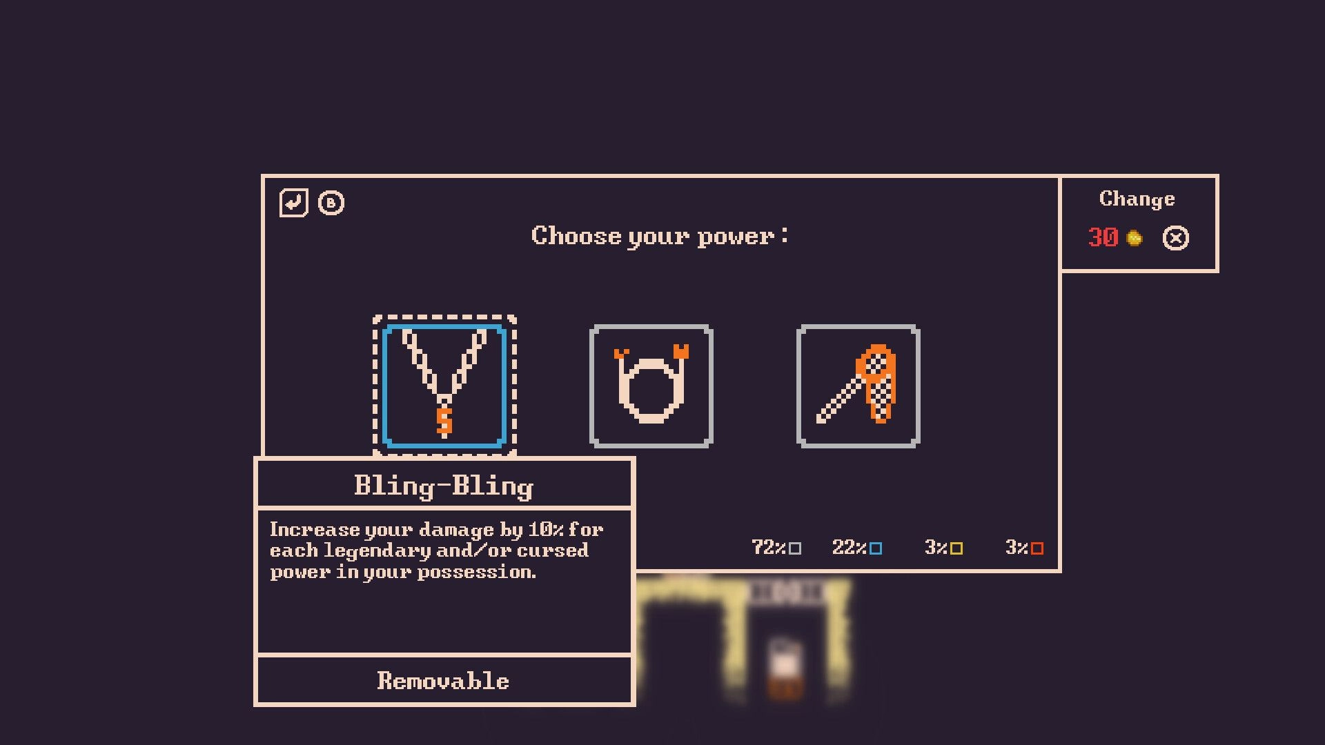 Darkest Mine: Power selection menu with Bling-Bling upgrade, displaying item details and cost in cave.