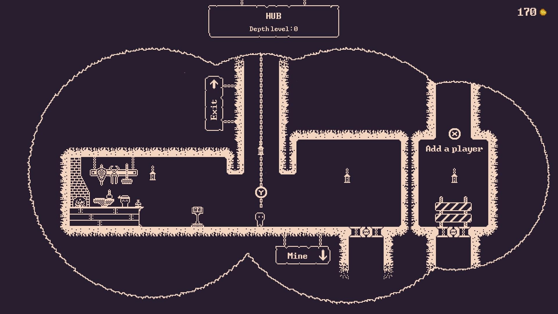 Darkest Mine: Hub area with depth level 0 shows exit, mine entrance, and player addition options.