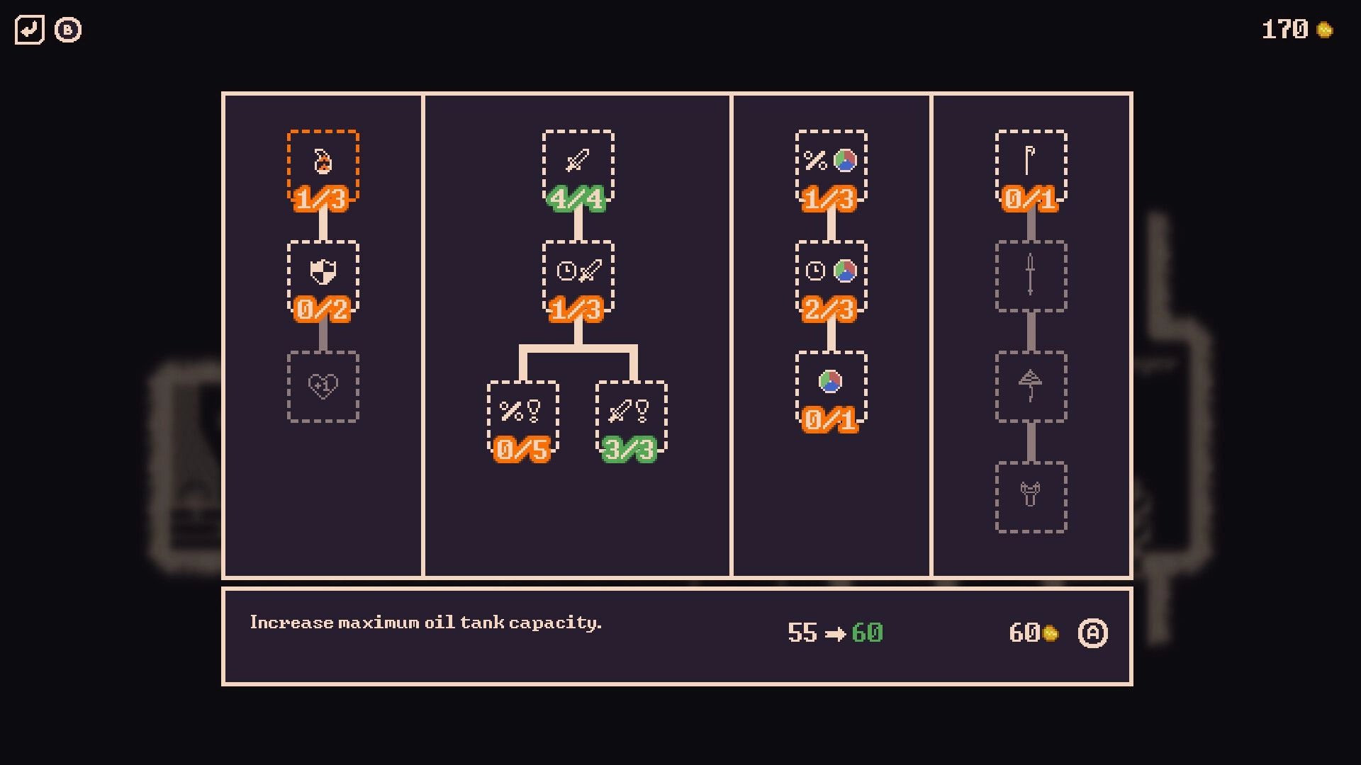 Darkest Mine: Skill tree interface with upgrade options for abilities and weapons in a dark menu screen