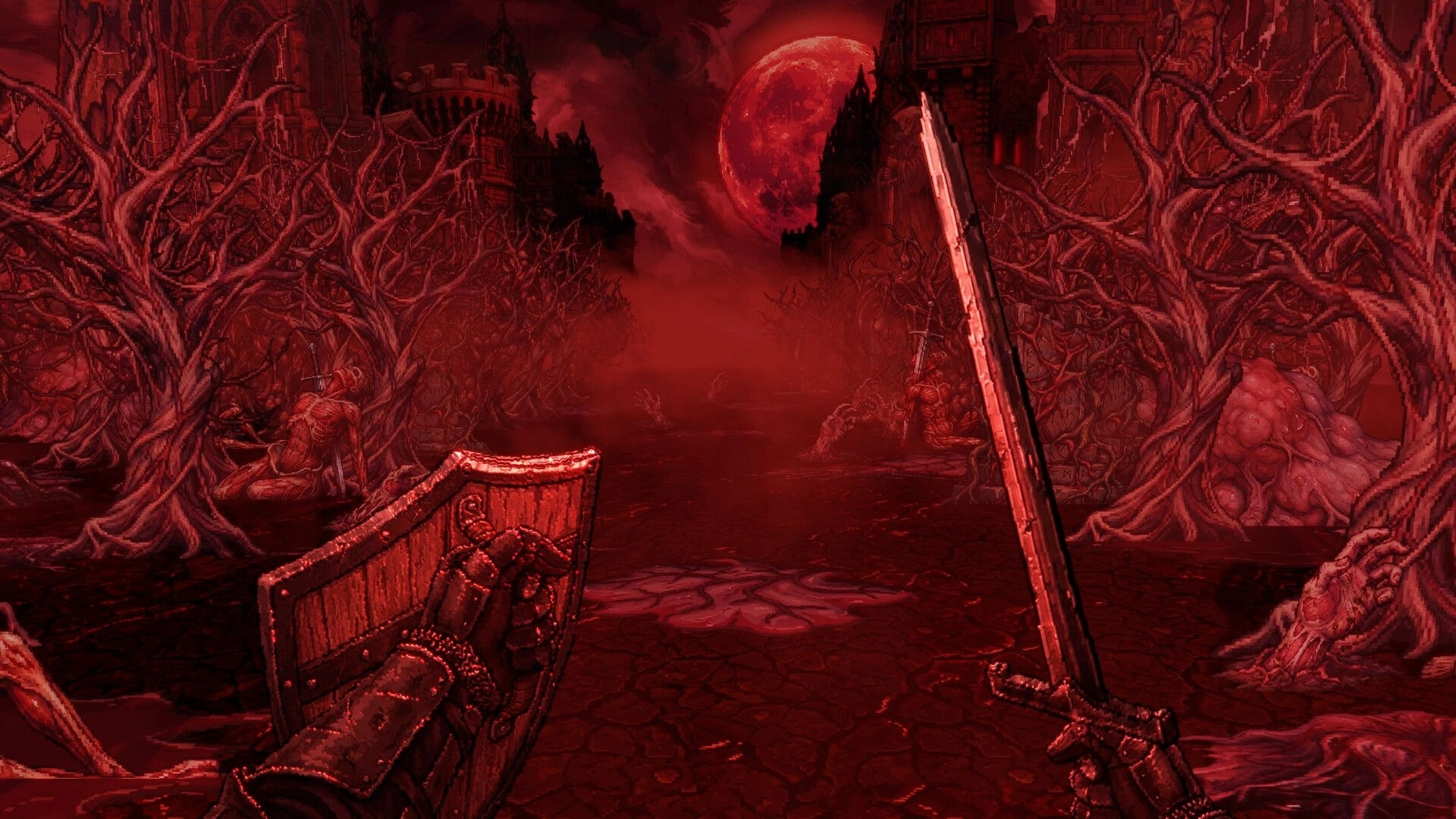 Darkest Path: First-person sword and shield held up on a fleshy path under a blood-red moon.