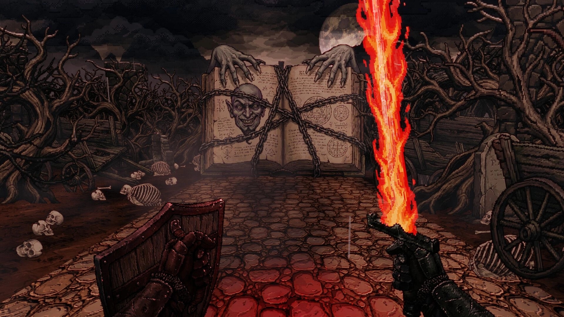 Darkest Path: First-person view holding shield and flaming sword in graveyard facing chained tome gate.