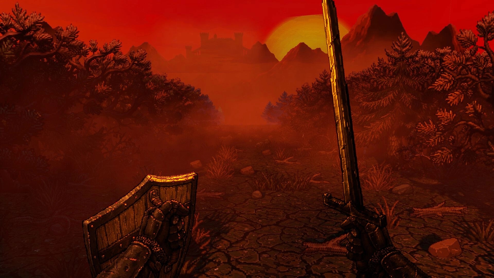 Darkest Path: First-person sword and shield view on a foggy path under a red sunset sky.