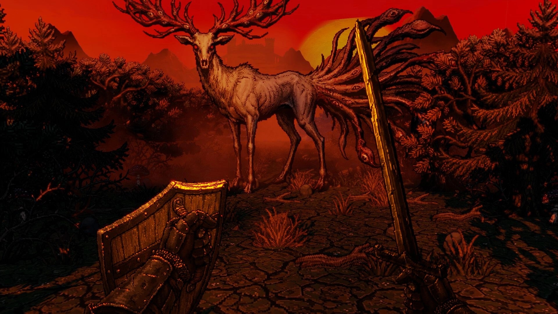 Darkest Path: First-person sword and shield facing a towering stag beast on a crimson forest path.