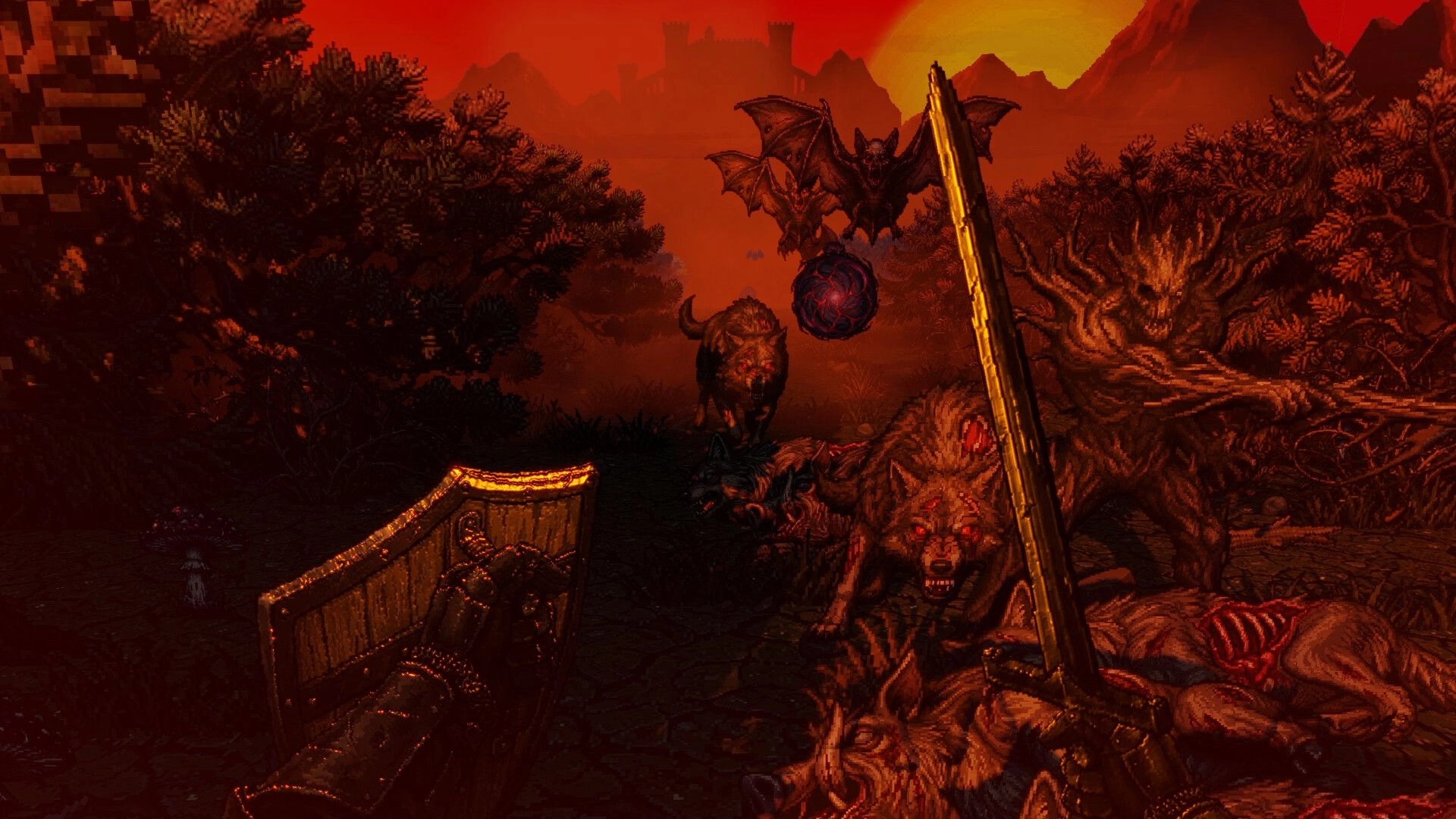 Darkest Path: First-person sword and shield facing wolves and bats in a red, foggy forest path.