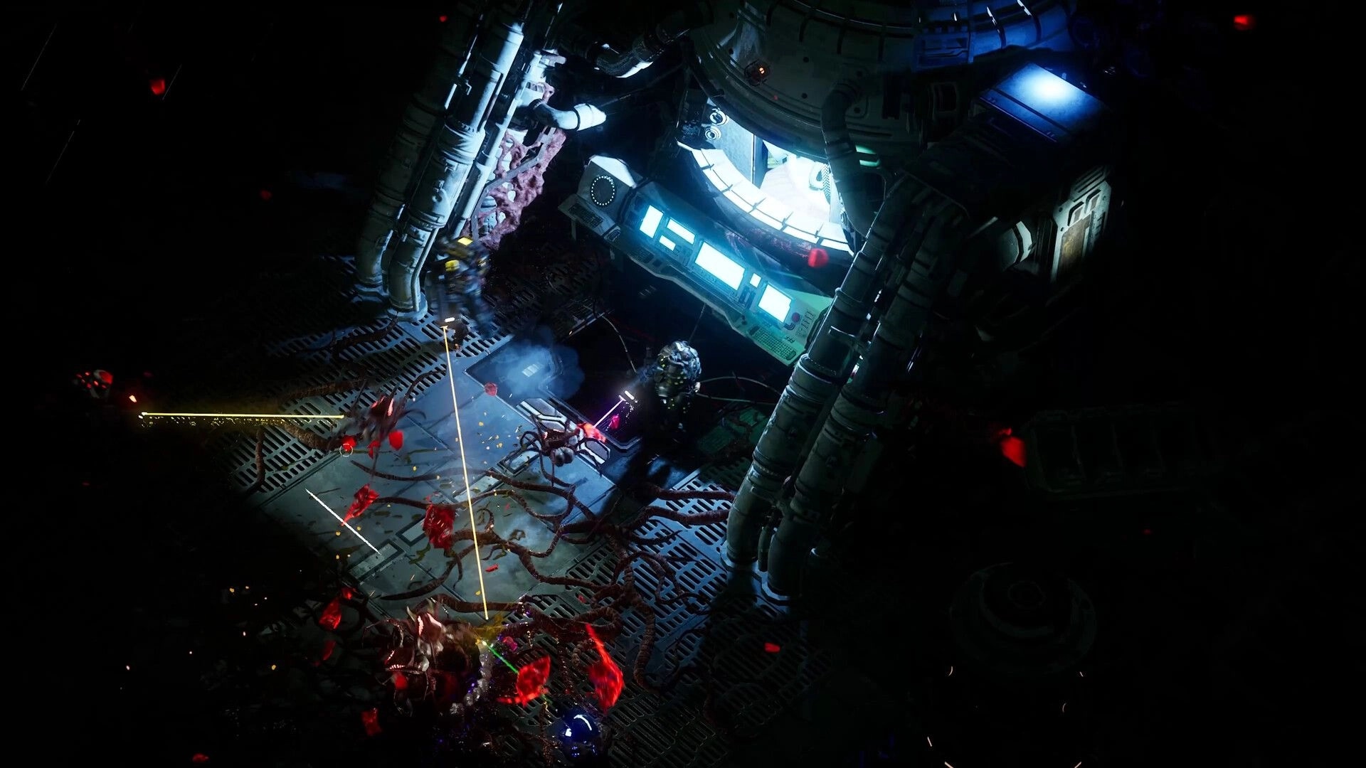 DarkSwarm: Player battling alien swarm near futuristic control panel in dimly lit, industrial space station
