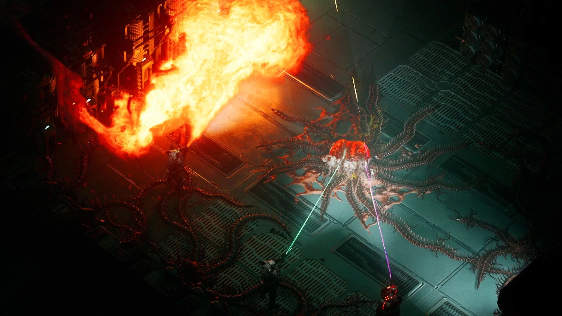 DarkSwarm: Operators battling alien creature with flamethrower and lasers in a metallic, infested corridor.