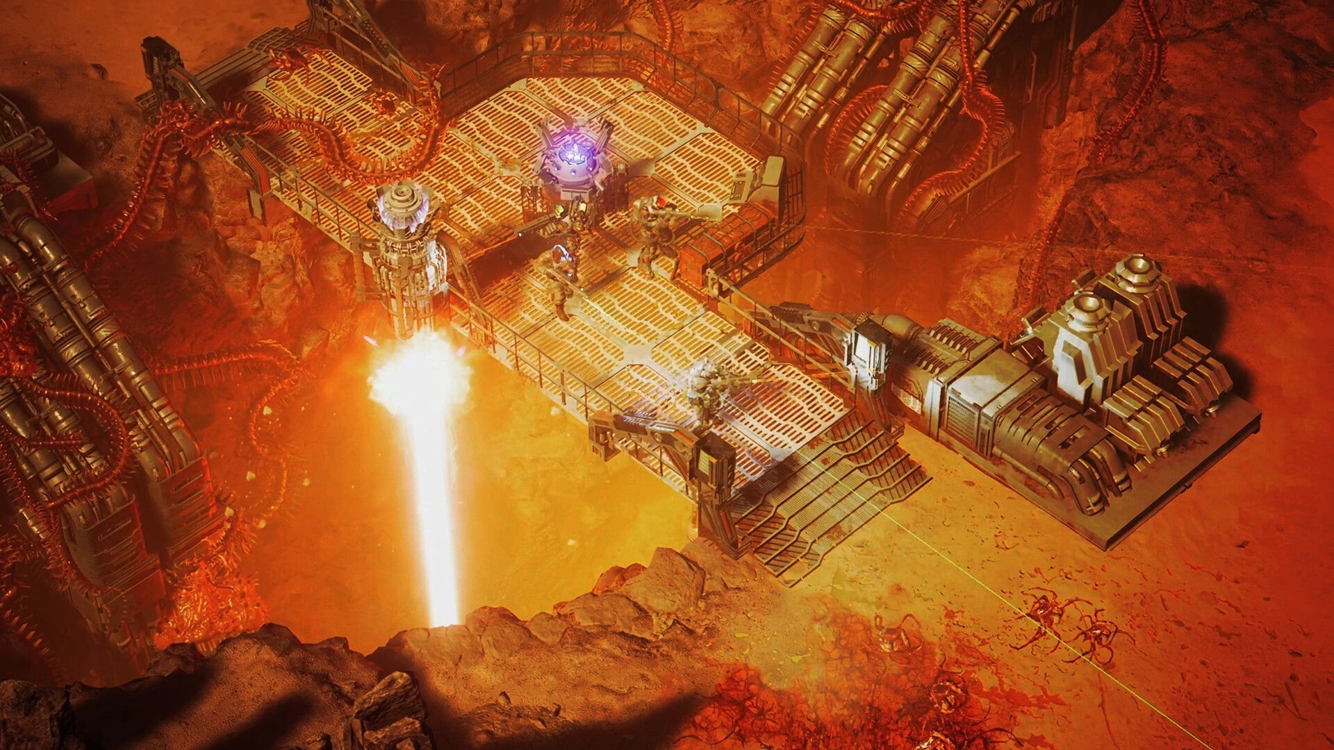 DarkSwarm: Operators battle aliens on a metallic platform in a fiery, infested colony environment.