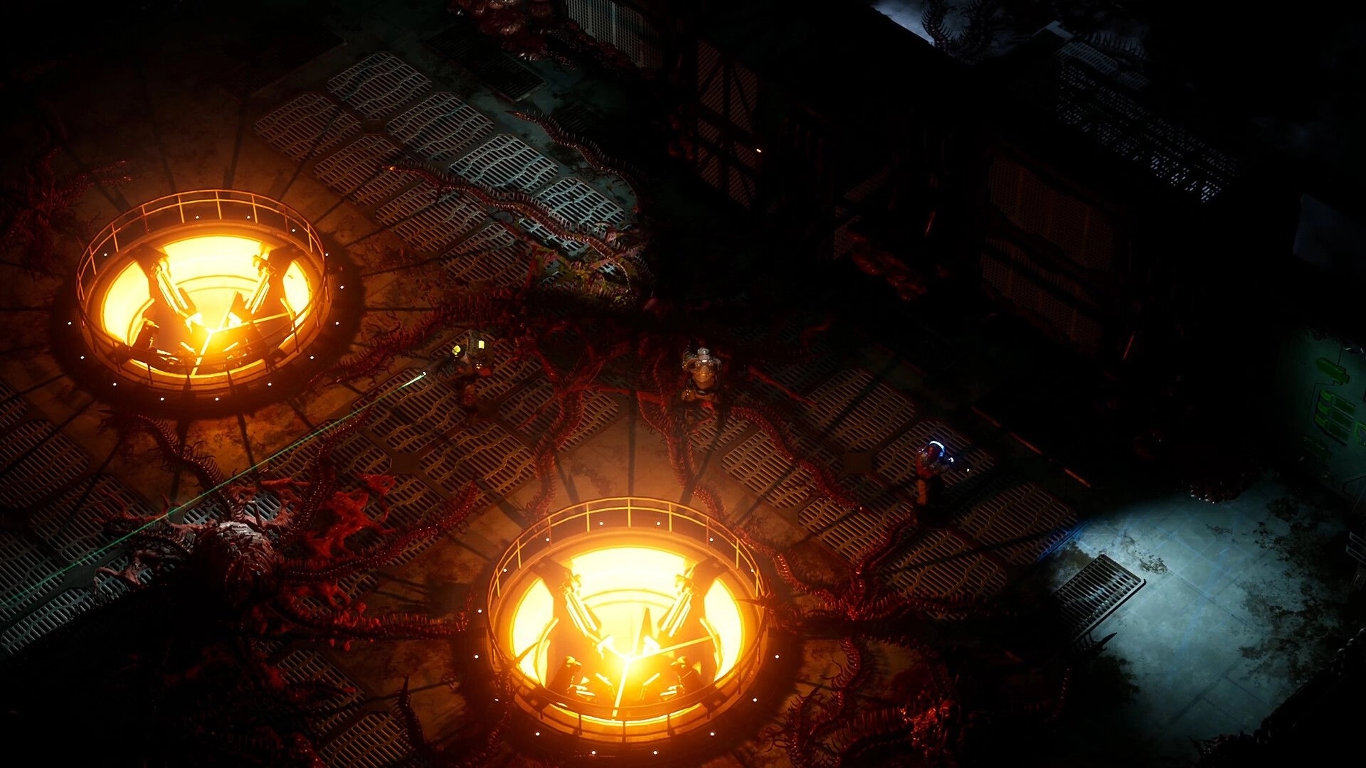 DarkSwarm: Elite operators exploring dimly lit, alien-infested industrial facility with glowing cores