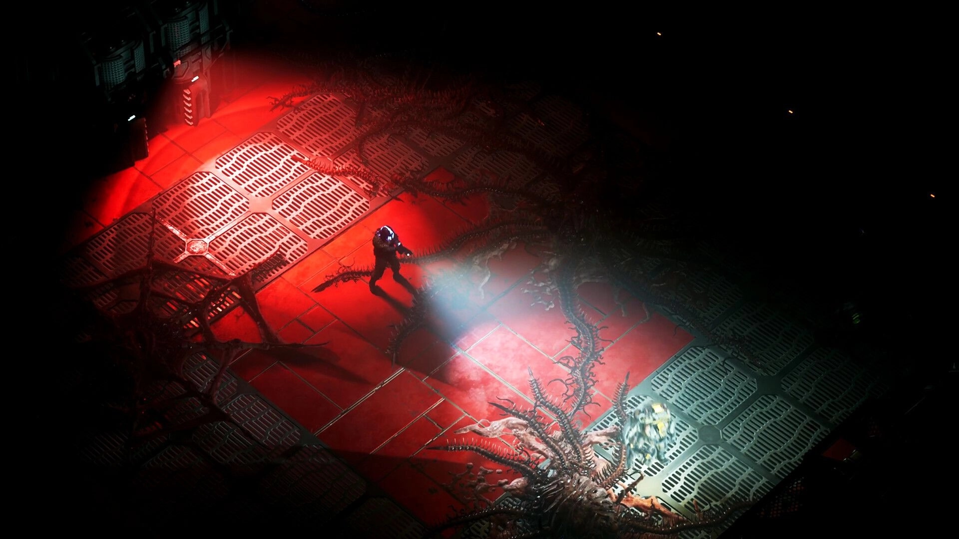 DarkSwarm: Operator explores dark, red-lit corridor overrun with alien tendrils in infested colony.