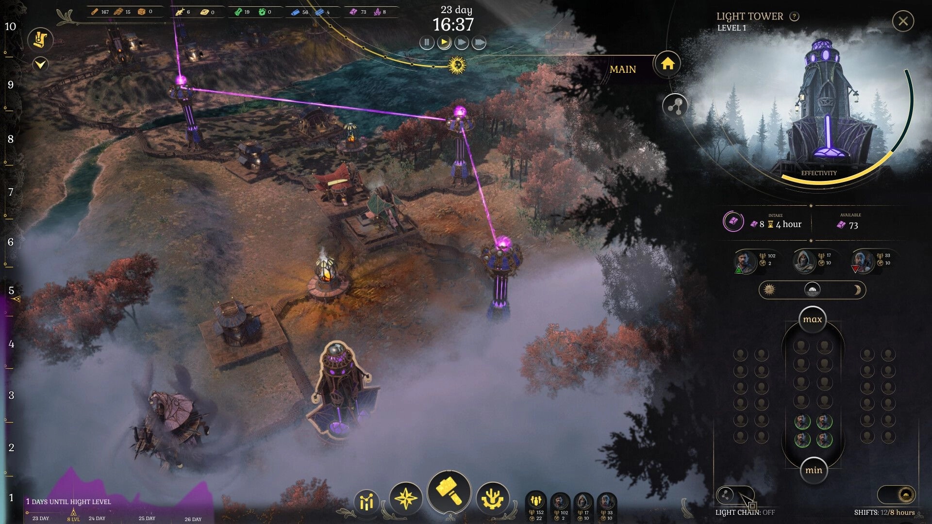 DarkSwitch: Light tower management interface with resource stats and fog-covered city view on the tree
