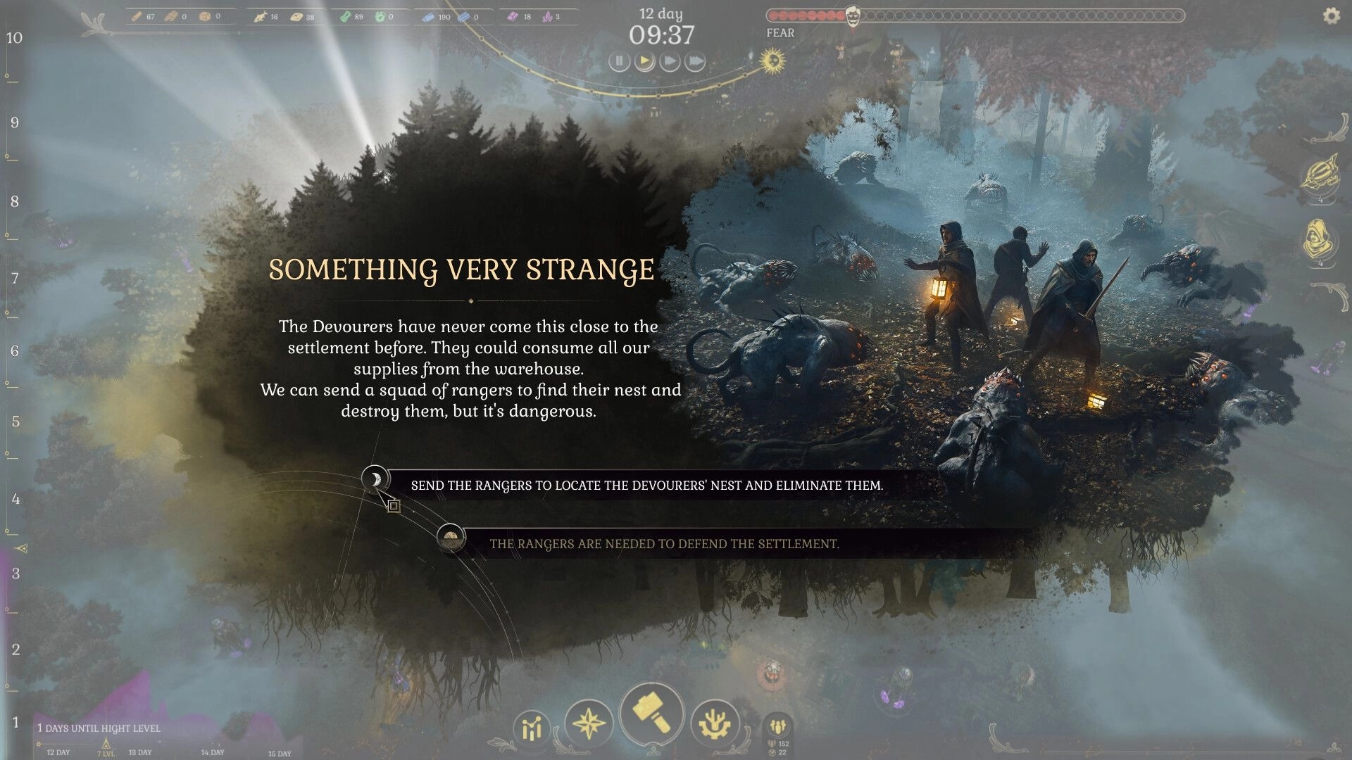 DarkSwitch: Rangers confront Devourers in foggy forest, choice menu for strategic decision visible