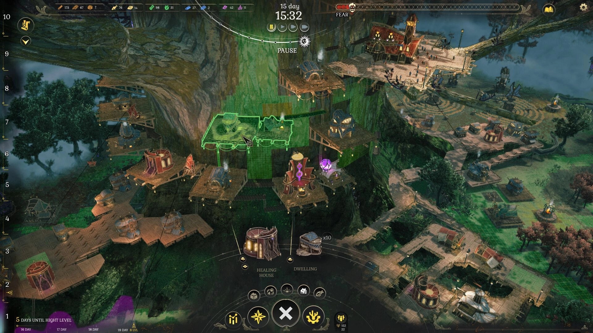 DarkSwitch: Elevated tree village with buildings under construction and resource indicators displayed