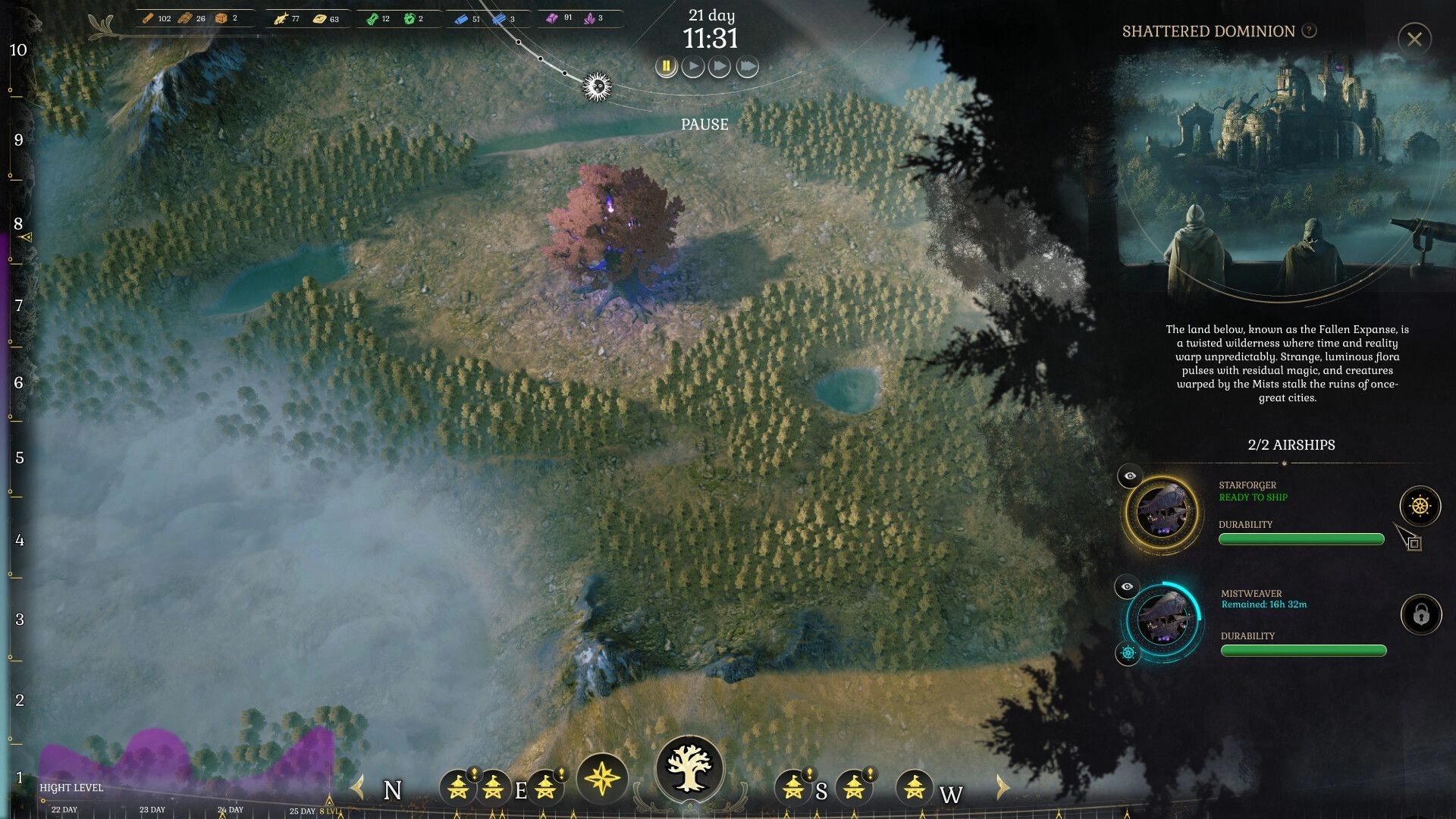 DarkSwitch: Strategic overview of forested landscape with UI elements and airship status display