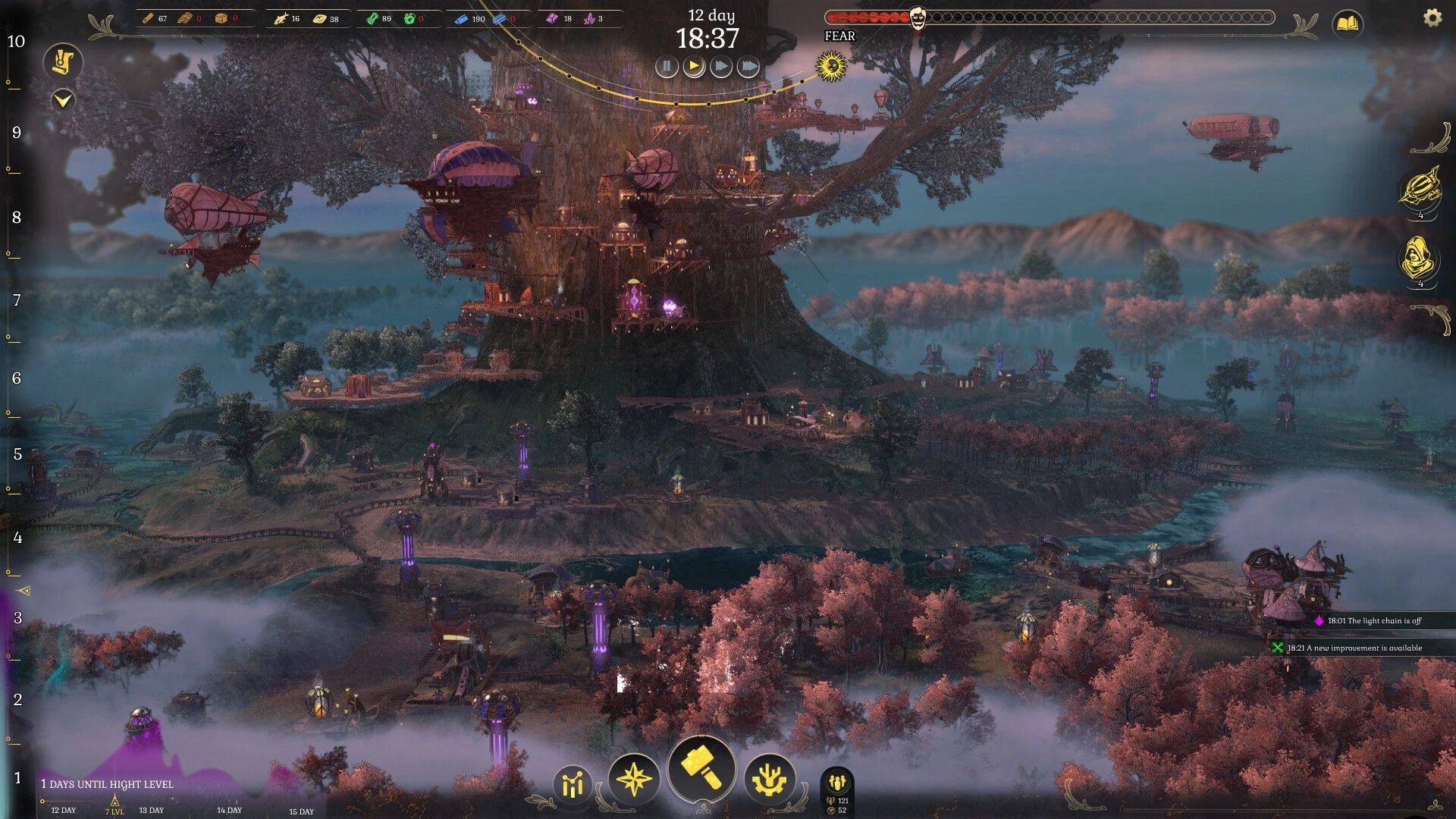 DarkSwitch: Expansive tree city with airships, resource counters, and time display in foggy landscape