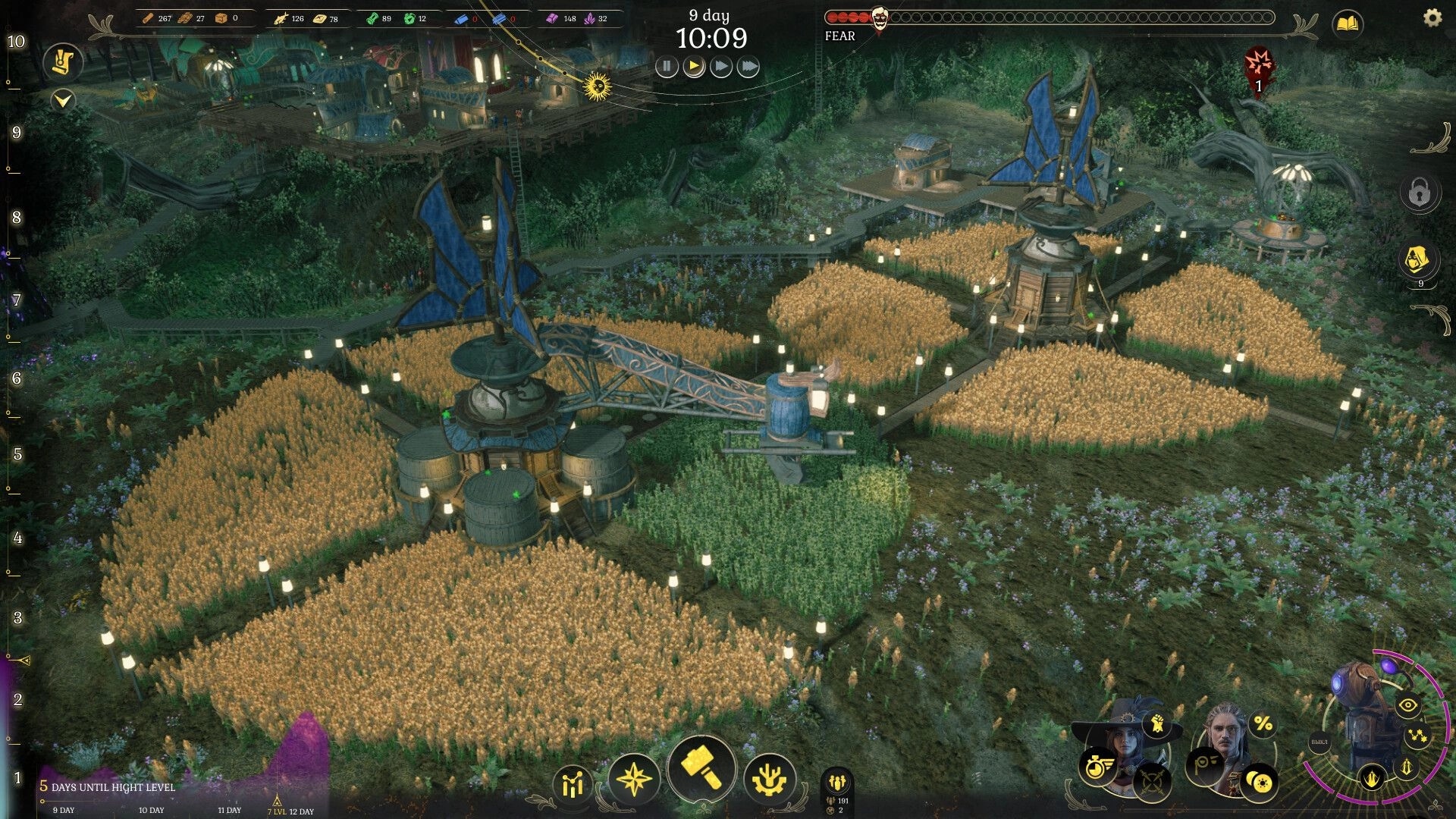 DarkSwitch: Village overview with windmills and farmland, UI displays resources and character portraits