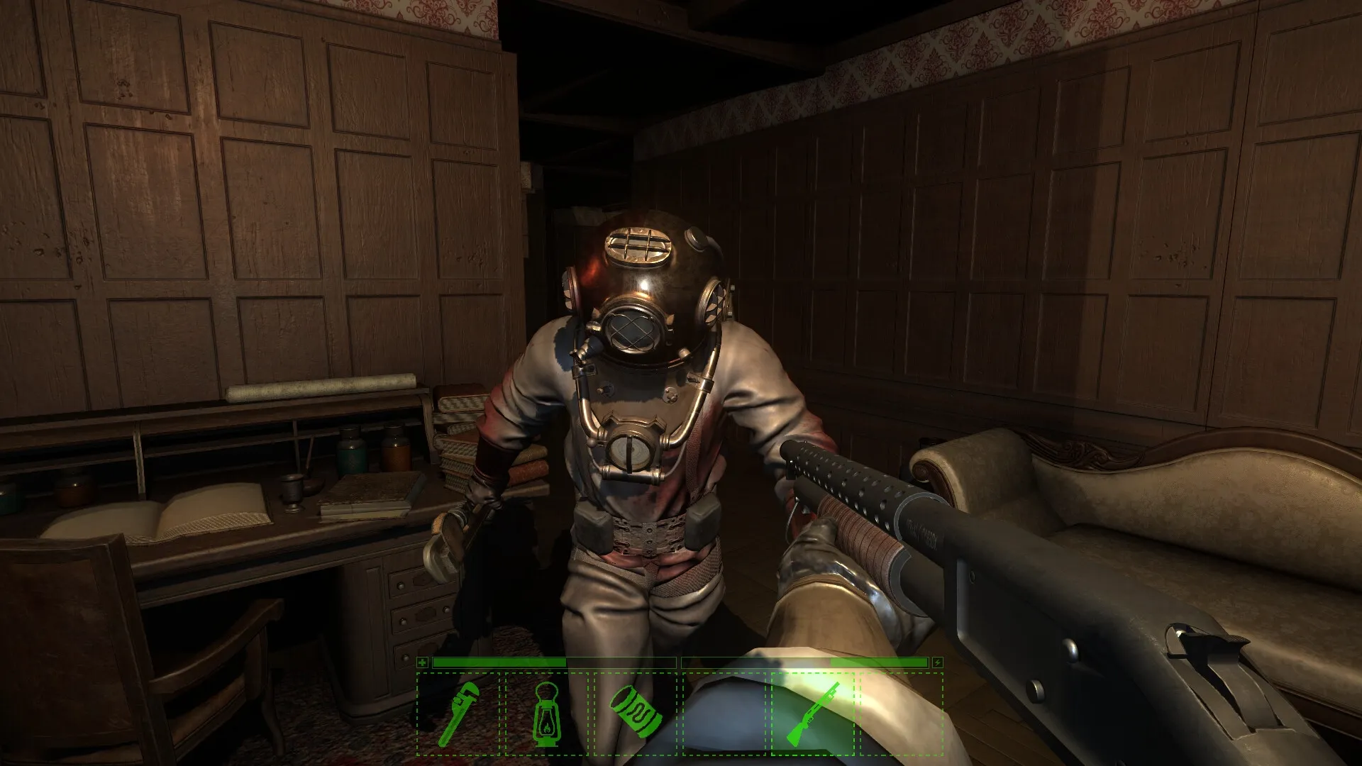 Darkwater: Player aims shotgun at diver-suited enemy in a wooden-paneled room with UI inventory items visible