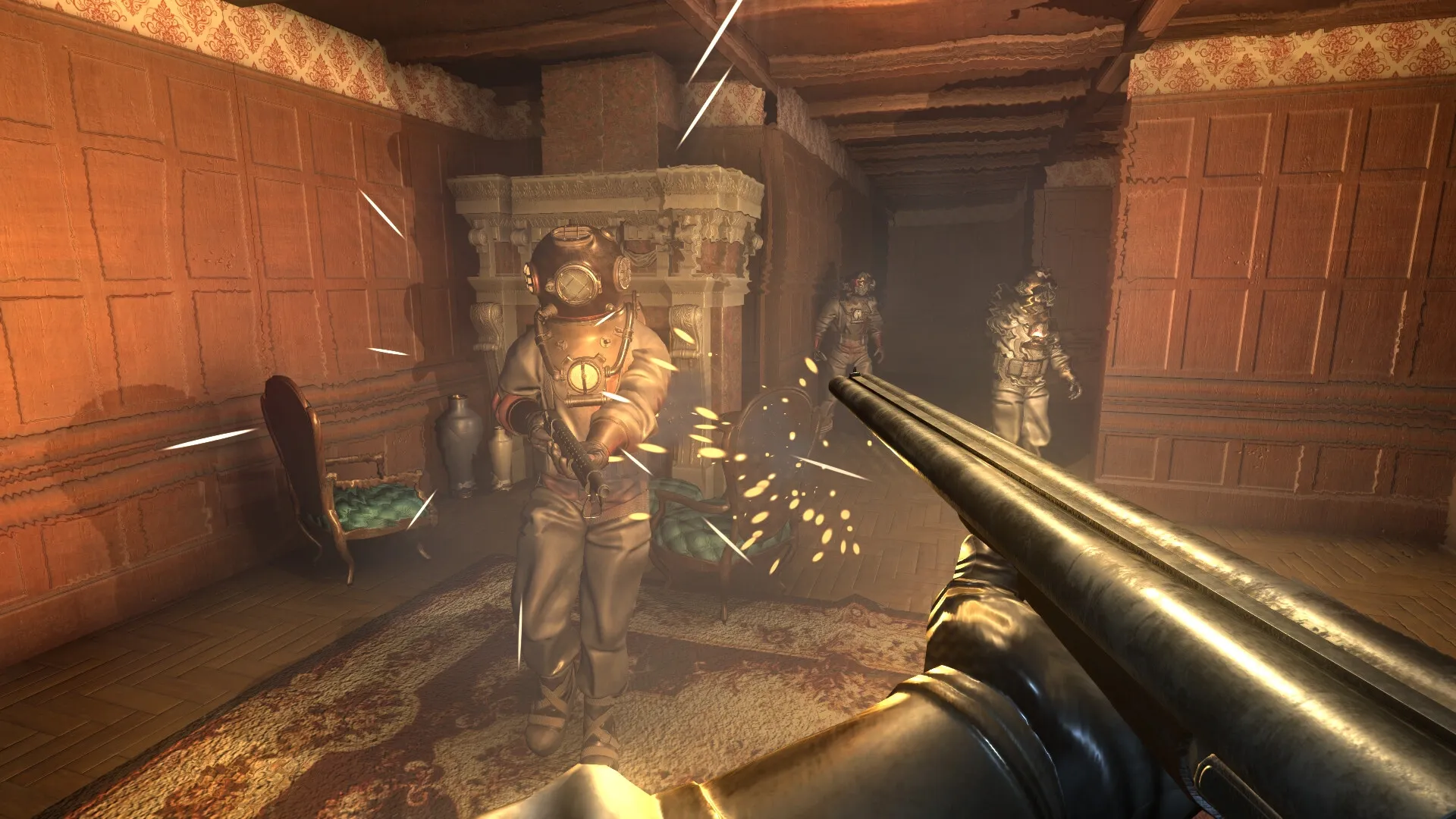 Darkwater: Submarine crew in combat with enemy divers in dimly lit corridor under the alien ice