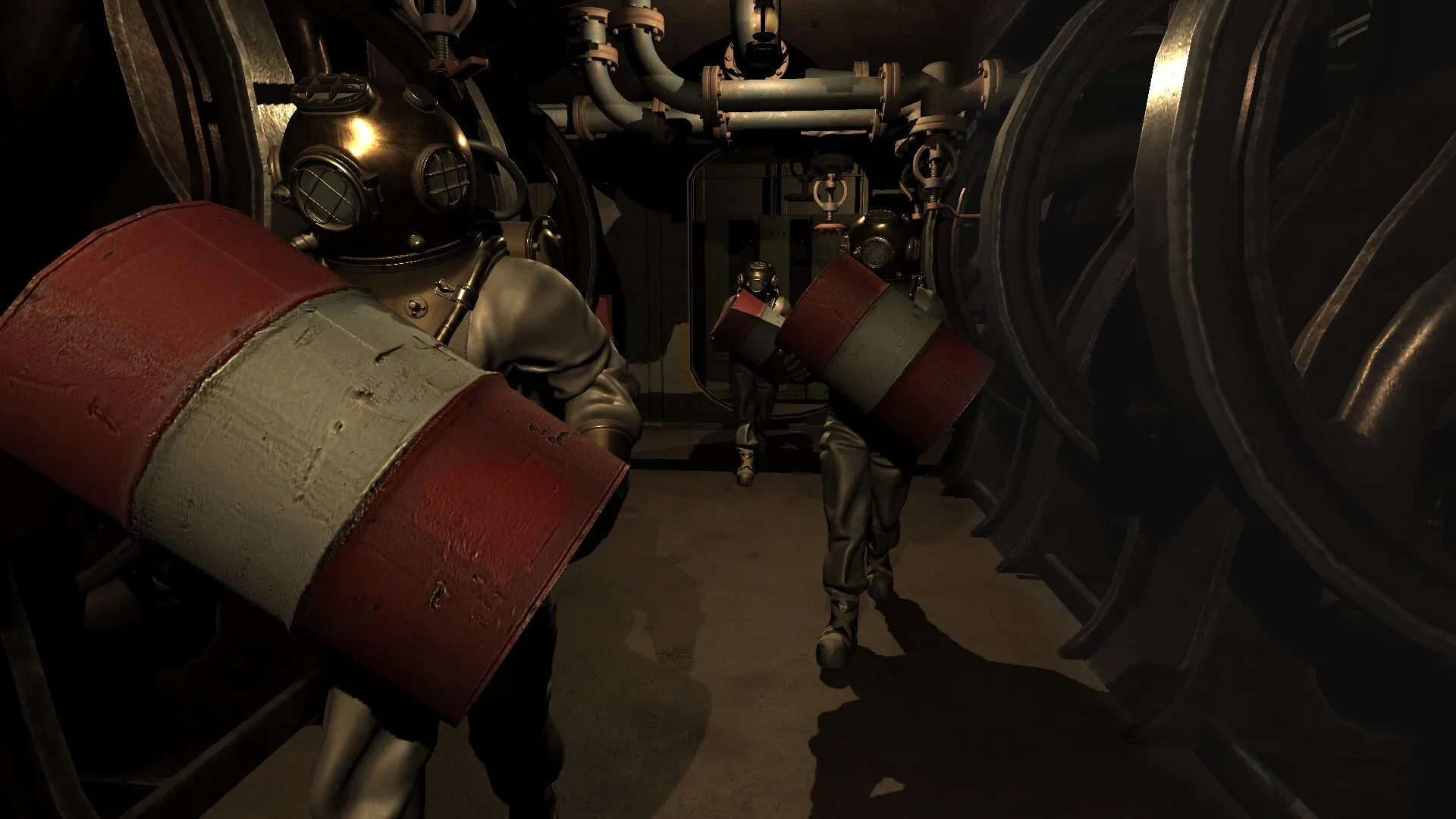 Darkwater: Divers carrying red barrels in a dimly lit submarine corridor filled with pipes and machinery