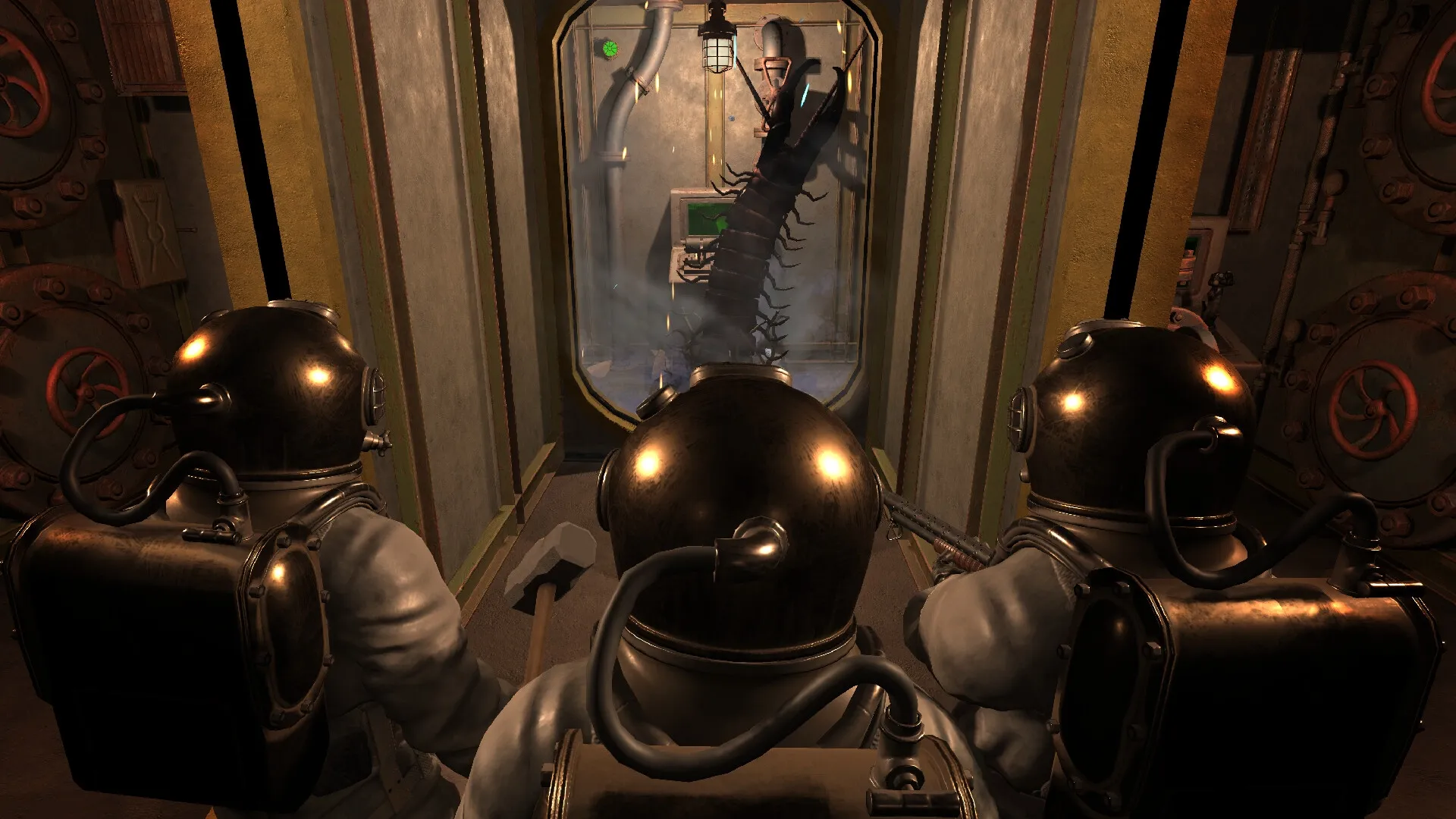 Darkwater: Three divers face a giant centipede creature inside a submarine corridor under dim lighting.