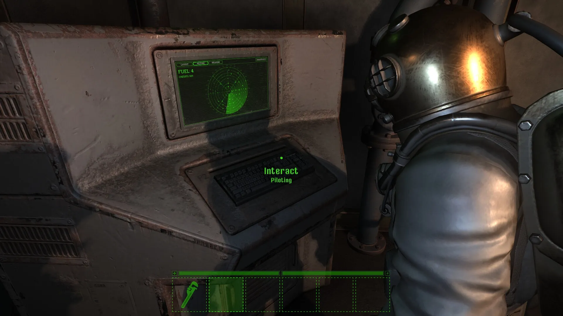 Darkwater: Diver interacts with radar monitor in submarine control room under dim lighting
