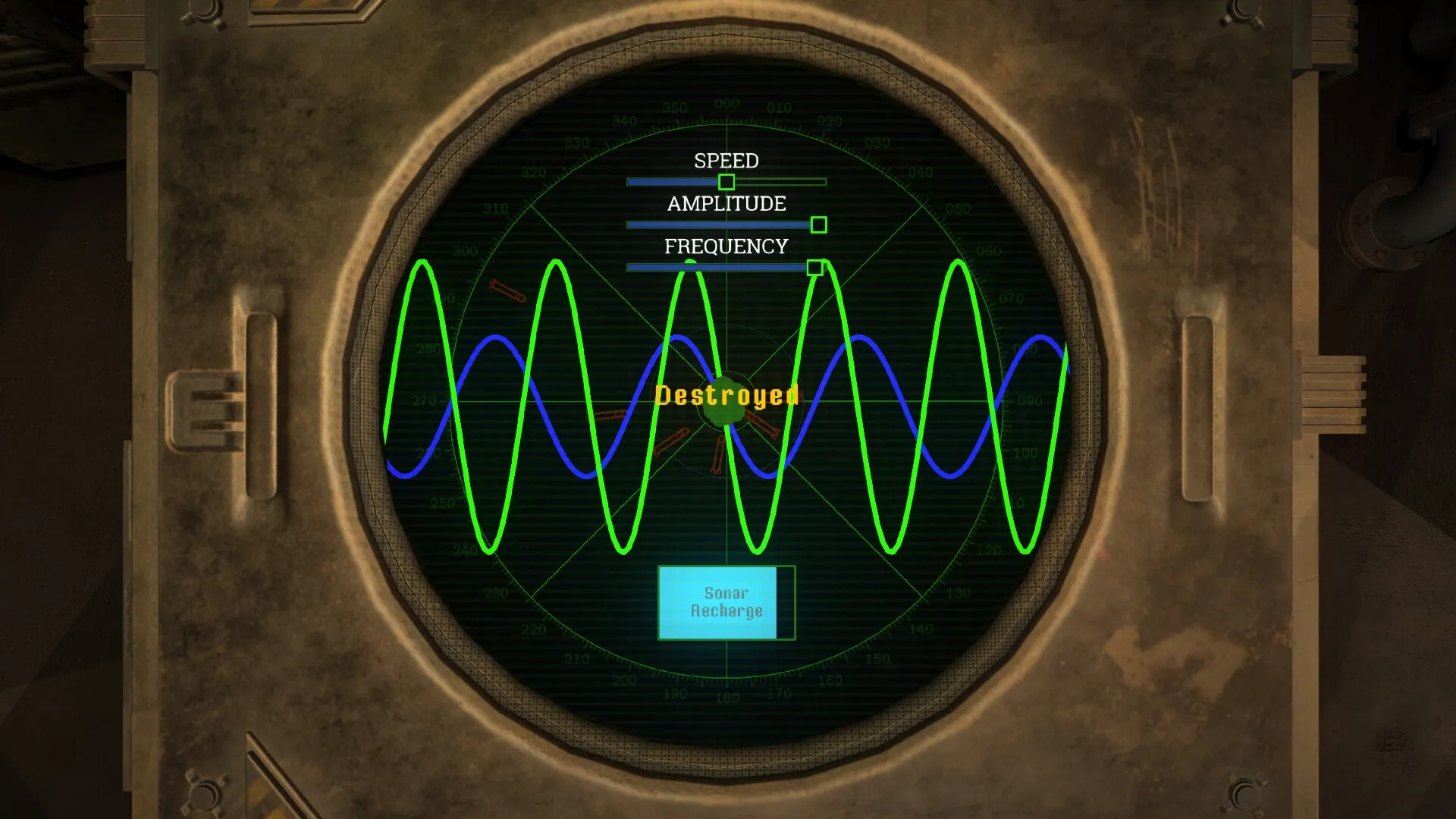 Darkwater: Sonar interface displaying speed, amplitude, frequency controls in submarine control room