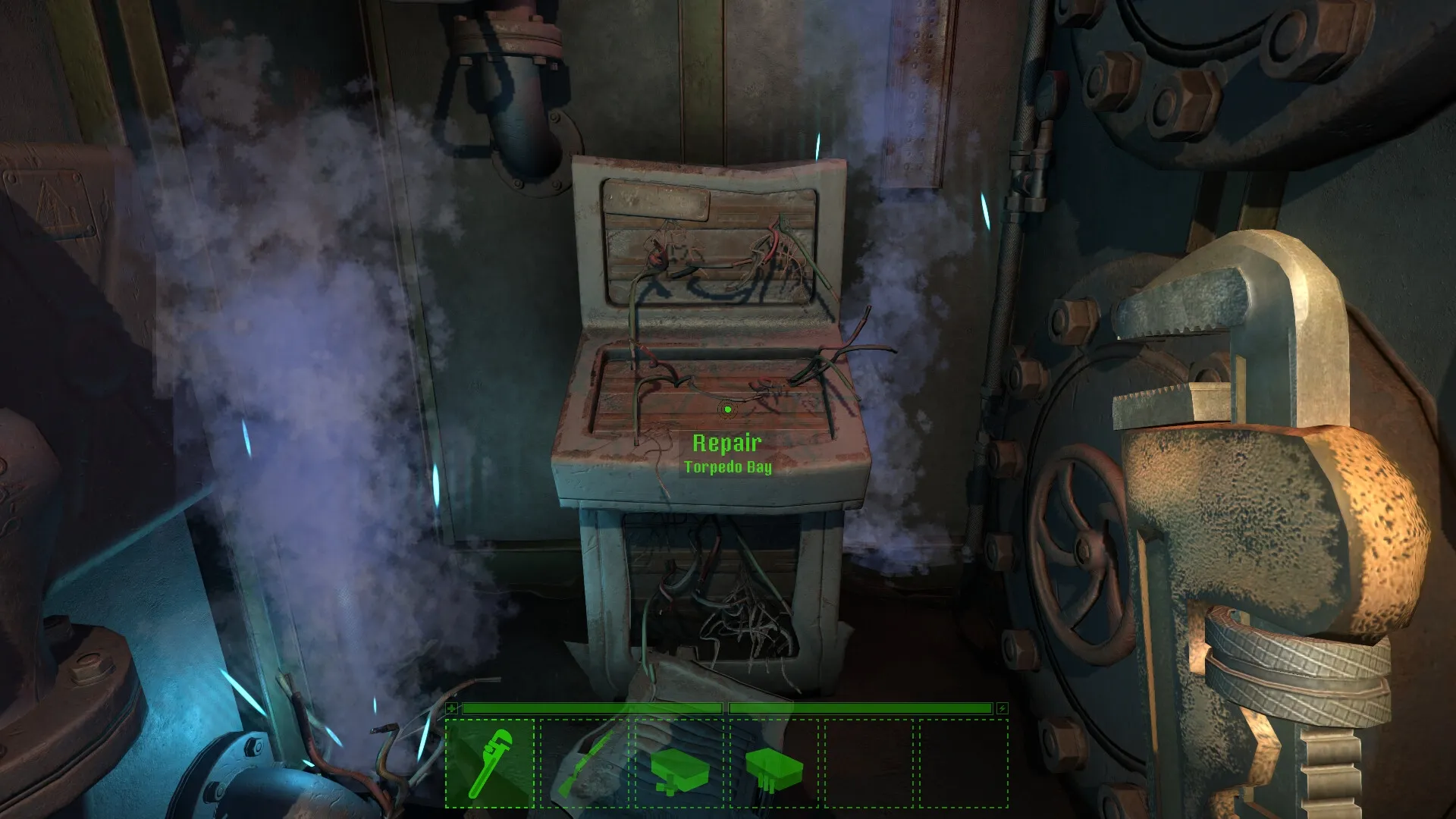 Darkwater: Repairing torpedo bay in submarine, with control panel and tools in dimly lit environment