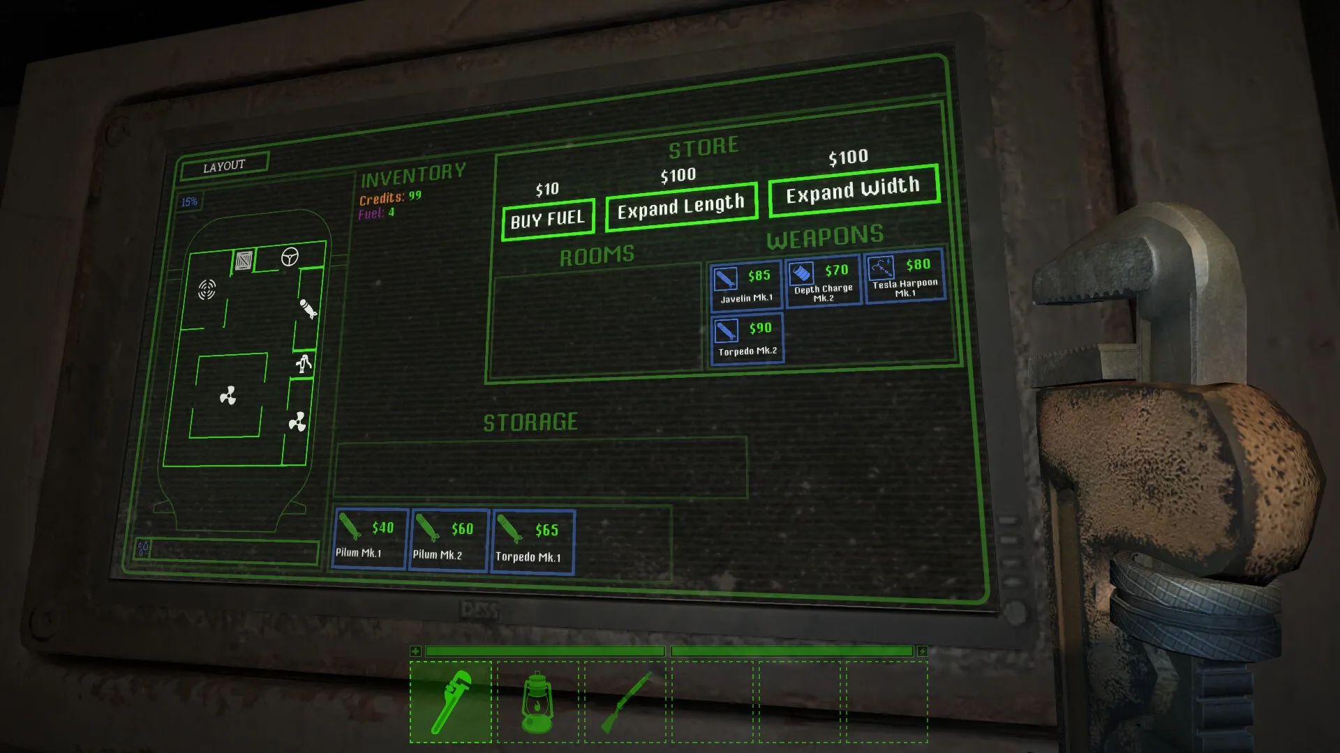 Darkwater: Submarine upgrade menu with fuel purchase, weapon options, and wrench in alien vessel interior