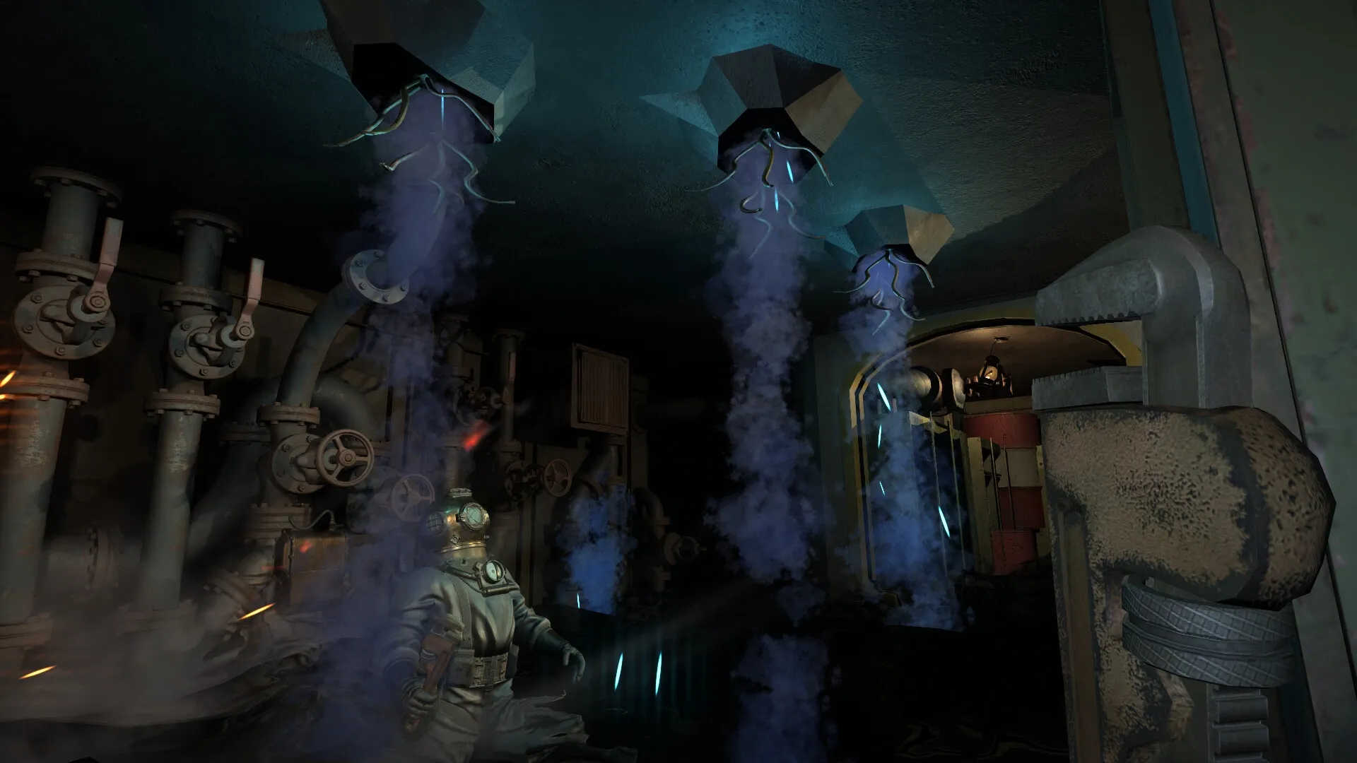 Darkwater: Diver in submarine engine room surrounded by steam and pipes, holding a large wrench