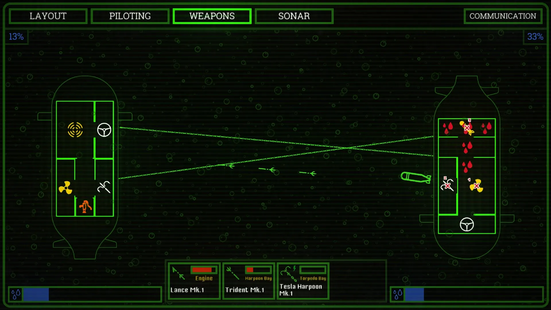 Darkwater: Submarine layout with weapon systems and damage indicators under sonar control interface