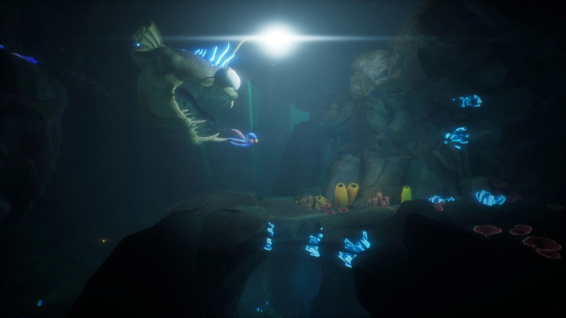 Darwin's Paradox!: Darwin swims past a giant anglerfish in a dim underwater cave with glowing fish.