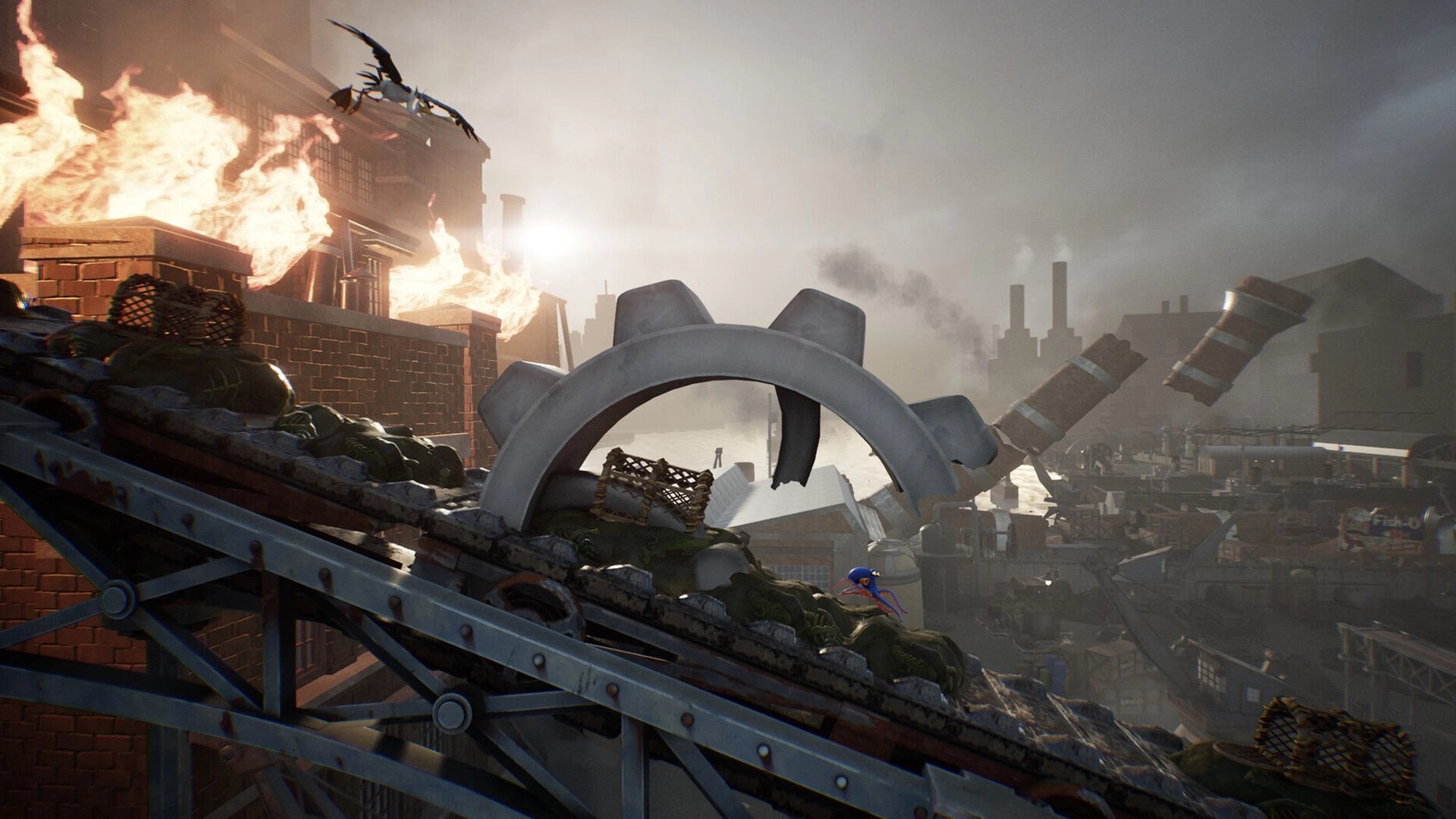 Darwin's Paradox!: Darwin crawls along a slanted scrap conveyor in a smoky, burning factory yard.