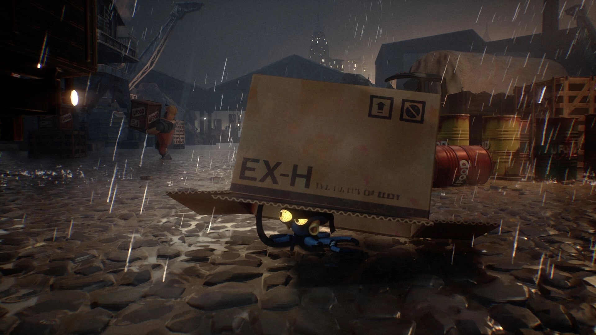 Darwin's Paradox!: Darwin hides under a cardboard box in heavy rain on an industrial dockyard floor.