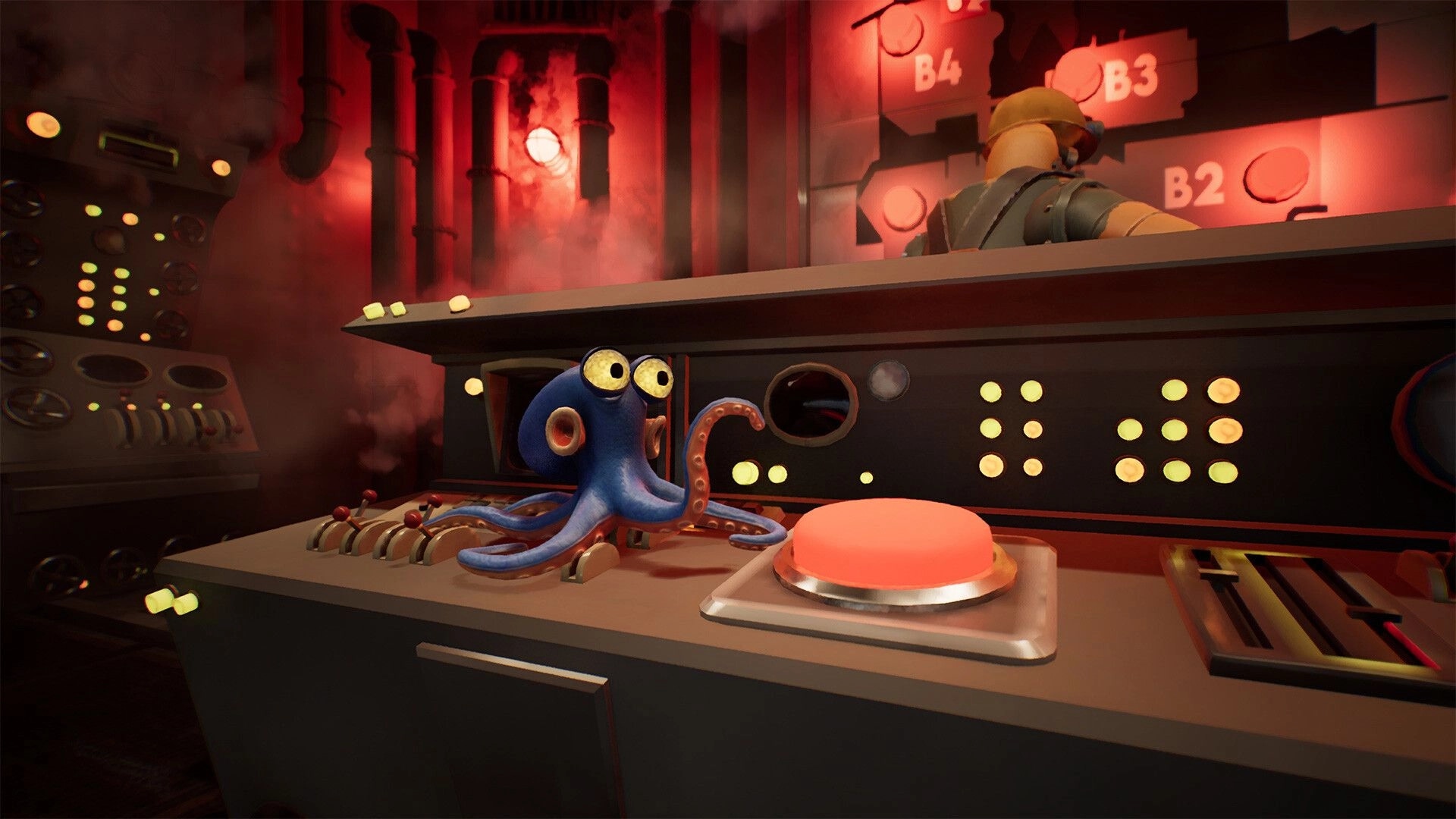 Darwin's Paradox!: Darwin the octopus hides by levers and a red button in a smoky red control room.