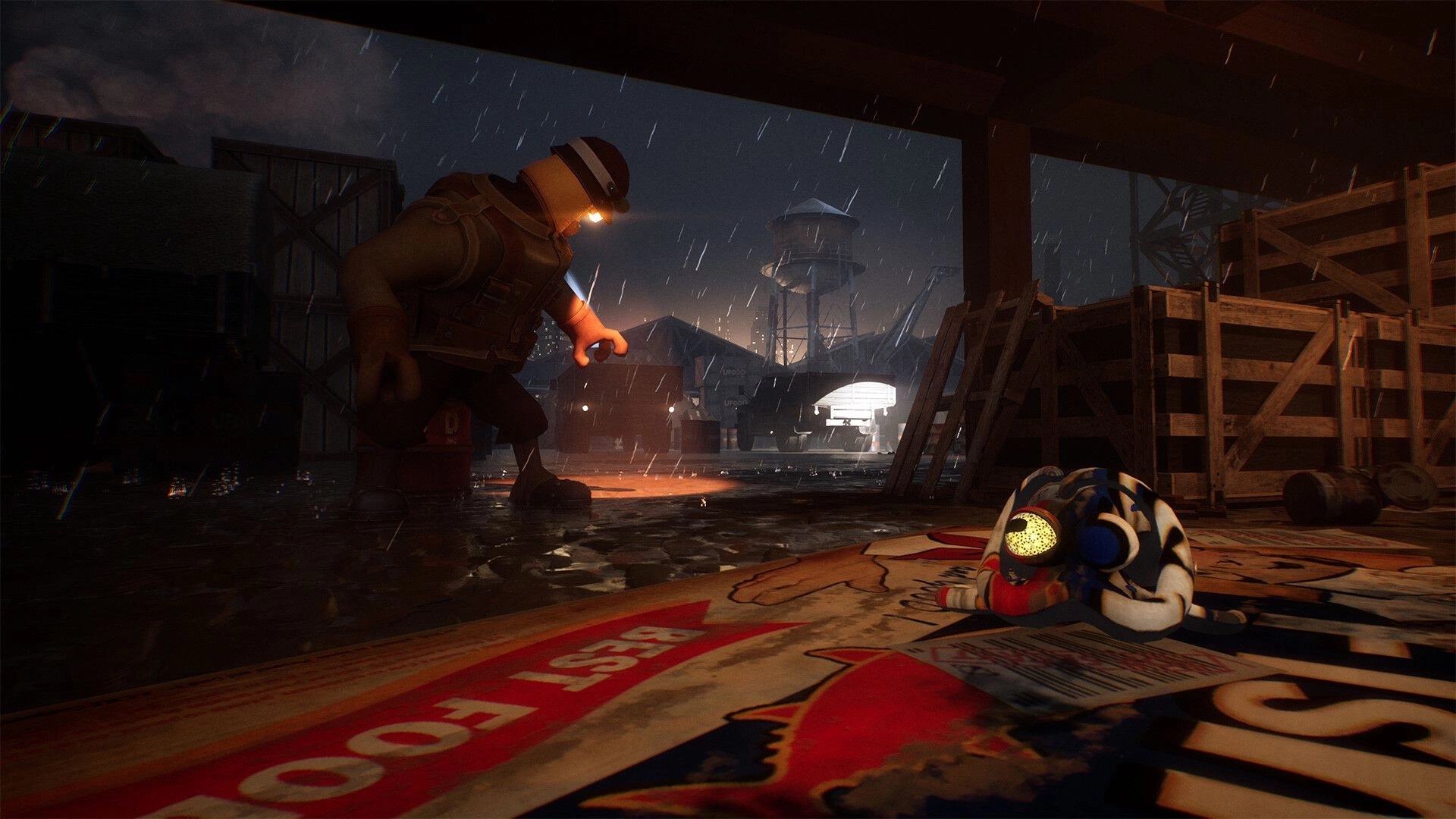 Darwin's Paradox!: Darwin hides under a poster as a guard approaches in a rainy dockyard warehouse.