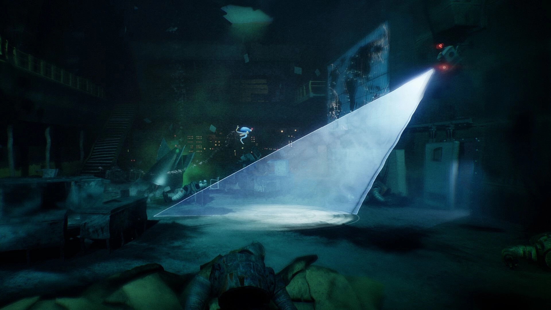Darwin's Paradox!: Darwin swims past a sweeping security spotlight beam in a dark factory chamber.