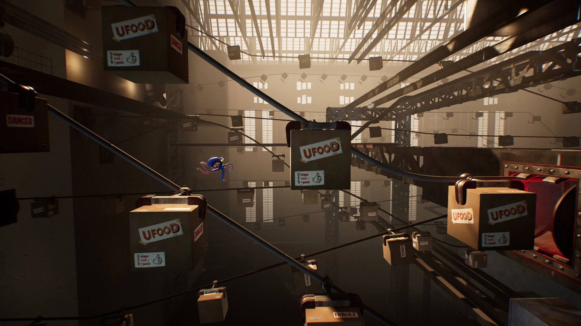 Darwin's Paradox!: Darwin the octopus leaps between UFOOD crates on cables in a vast factory atrium.