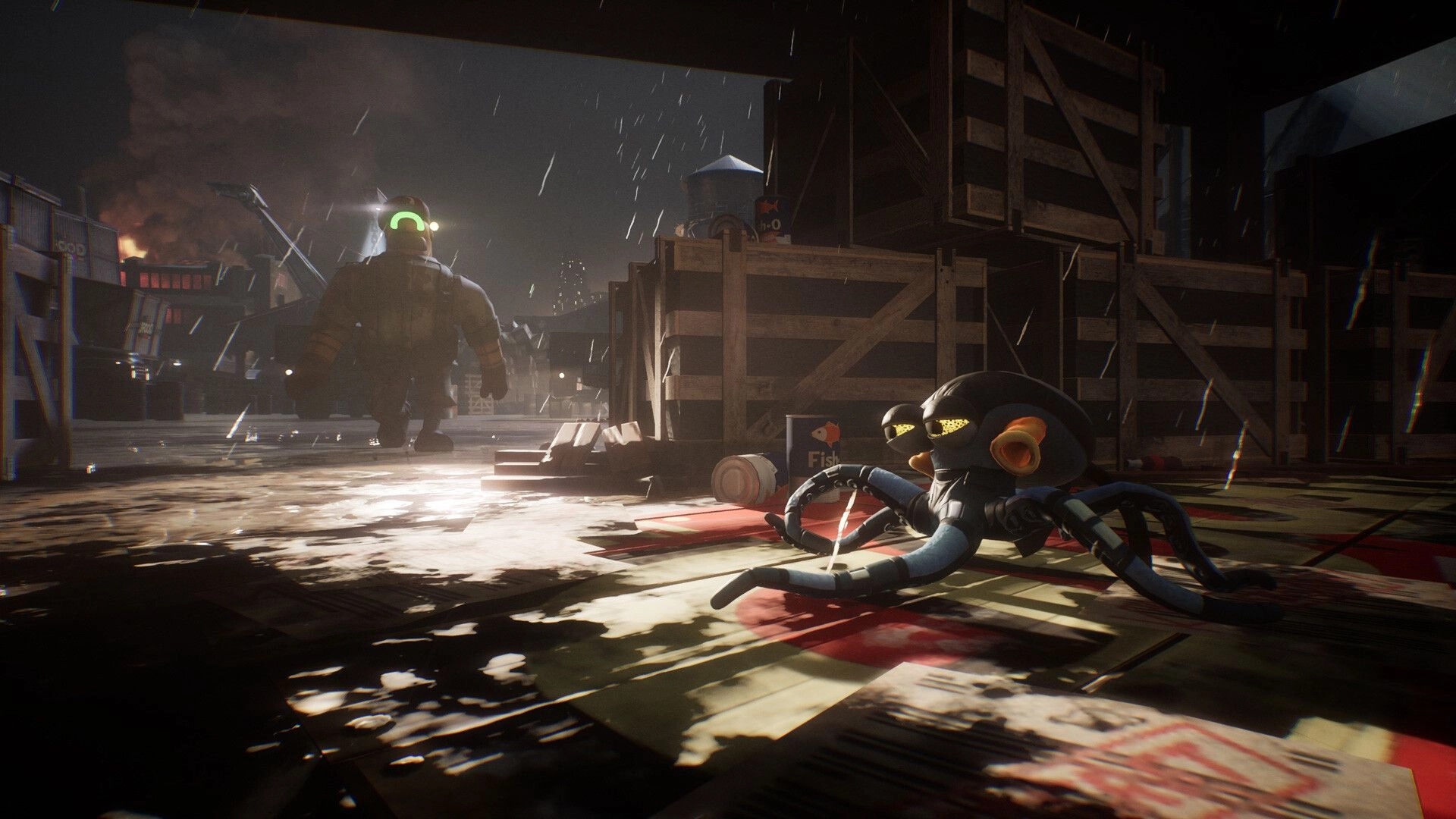 Darwin's Paradox!: Darwin the octopus crawls past crates as a guard patrols a rainy dockyard at night.