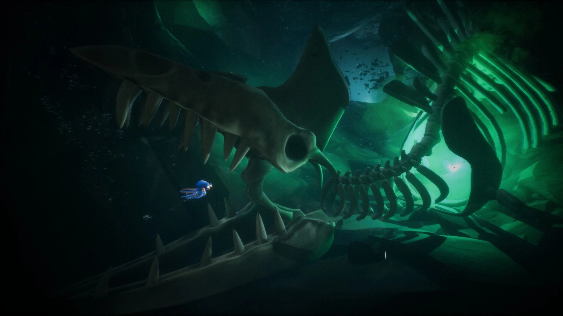 Darwin's Paradox!: Darwin swims past a giant shark skeleton in a dark, green-lit underwater cavern.