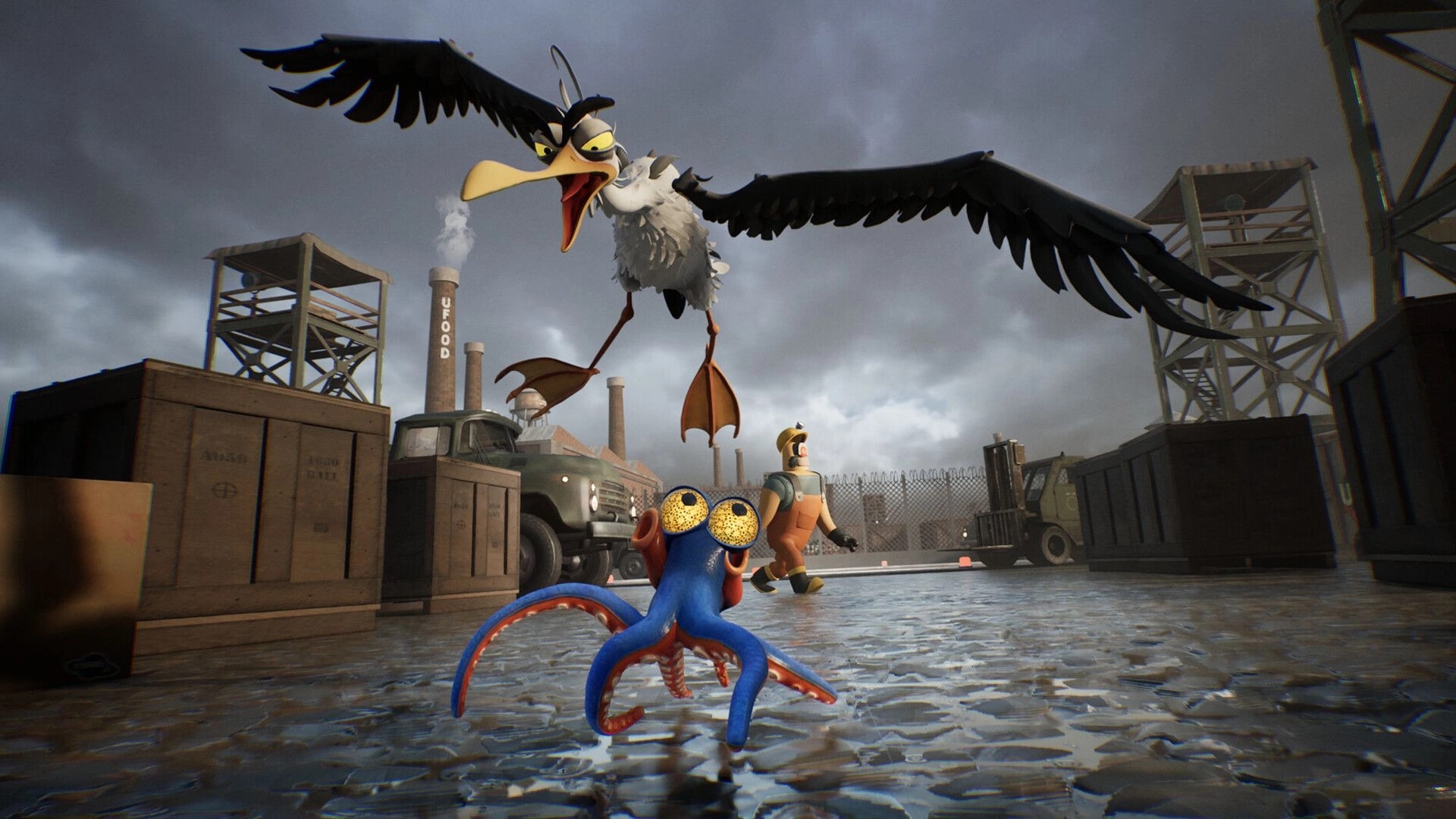 Darwin's Paradox!: Darwin the octopus faces a swooping seagull in a rainy industrial yard with crates.