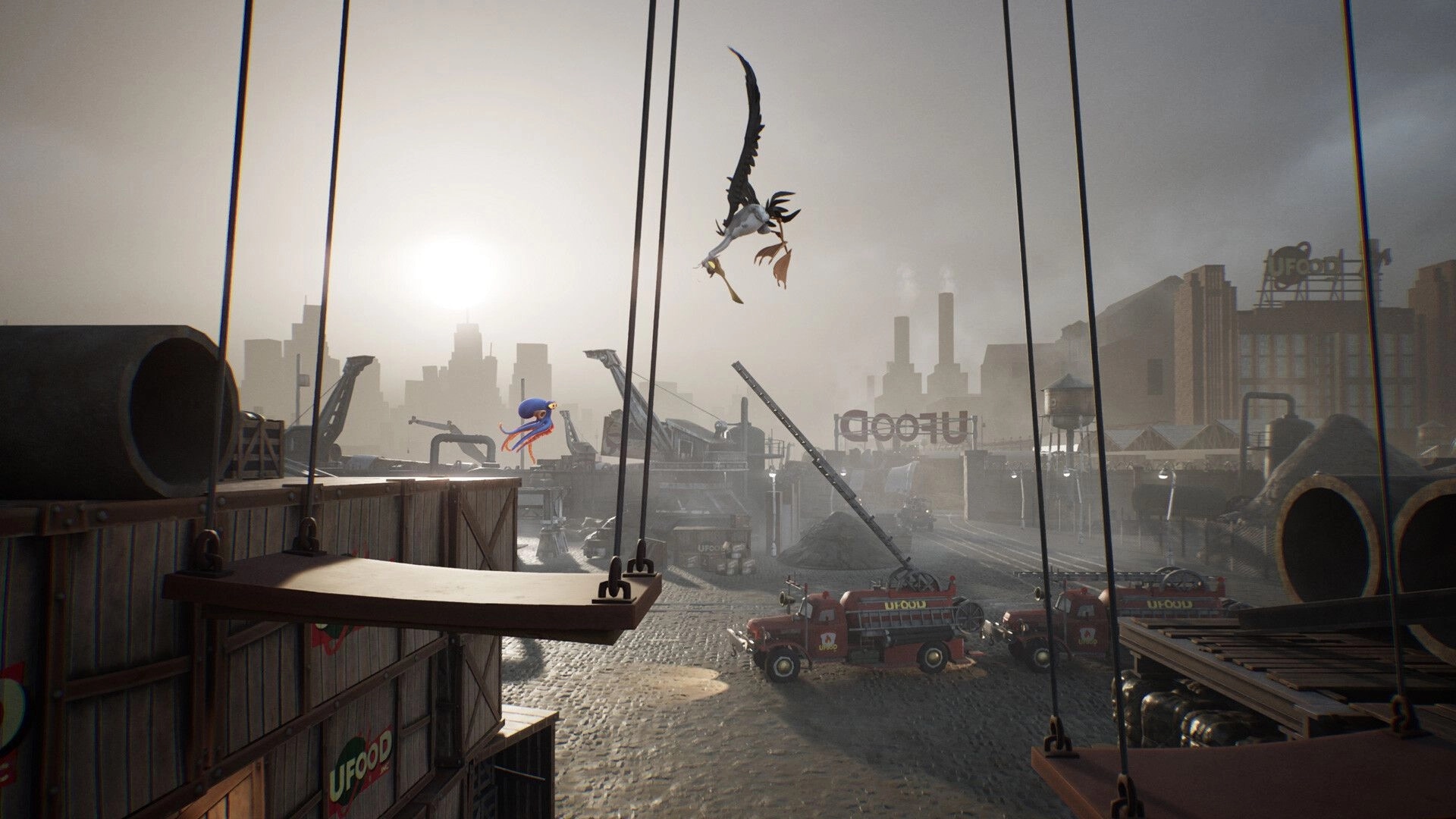 Darwin's Paradox!: Darwin leaps between hanging platforms as a bird swoops over a foggy factory yard.