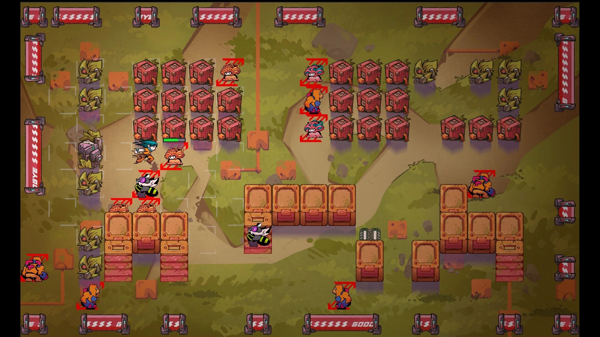 Dash Dash Dead: Tactical grid battle with characters navigating through obstacle-filled arena
