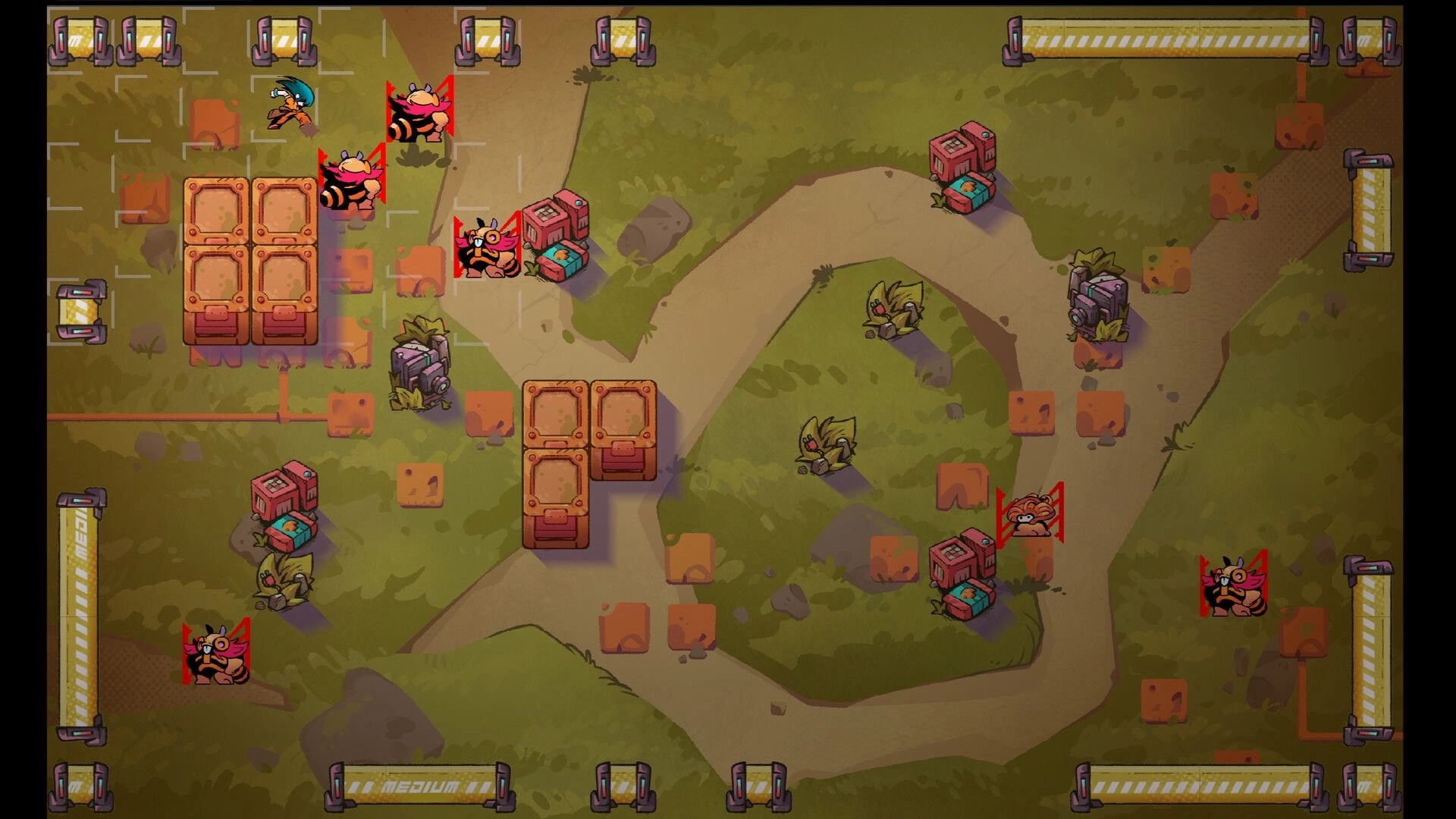 Dash Dash Dead: Character dodges red monsters in grid-based forest path with scattered crates
